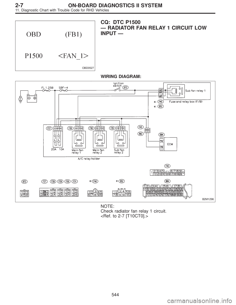 SUBARU LEGACY 1997  Service Repair Manual OBD0527
CQ: DTC P1500
—RADIATOR FAN RELAY 1 CIRCUIT LOW
INPUT—
WIRING DIAGRAM:
B2M1296
NOTE:
Check radiator fan relay 1 circuit.
<Ref. to 2-7 [T10CT0].>
544
2-7ON-BOARD DIAGNOSTICS II SYSTEM
11. D