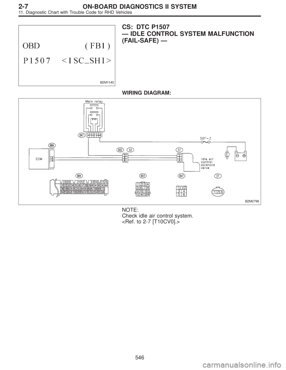 SUBARU LEGACY 1997  Service Repair Manual B2M1140
CS: DTC P1507
—IDLE CONTROL SYSTEM MALFUNCTION
(FAIL-SAFE)—
WIRING DIAGRAM:
B2M0796
NOTE:
Check idle air control system.
<Ref. to 2-7 [T10CV0].>
546
2-7ON-BOARD DIAGNOSTICS II SYSTEM
11. D