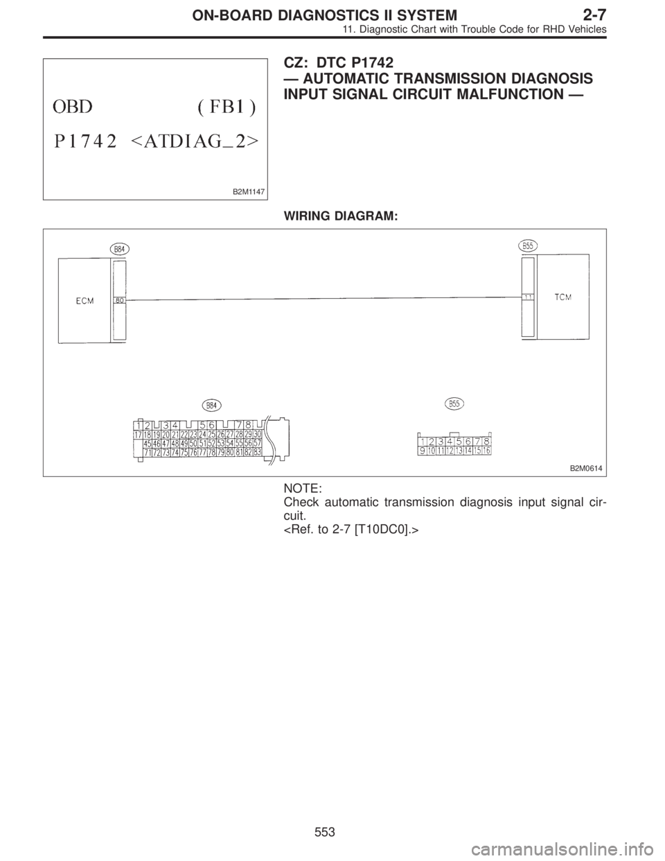 SUBARU LEGACY 1997  Service Repair Manual B2M1147
CZ: DTC P1742
—AUTOMATIC TRANSMISSION DIAGNOSIS
INPUT SIGNAL CIRCUIT MALFUNCTION—
WIRING DIAGRAM:
B2M0614
NOTE:
Check automatic transmission diagnosis input signal cir-
cuit.
<Ref. to 2-7 