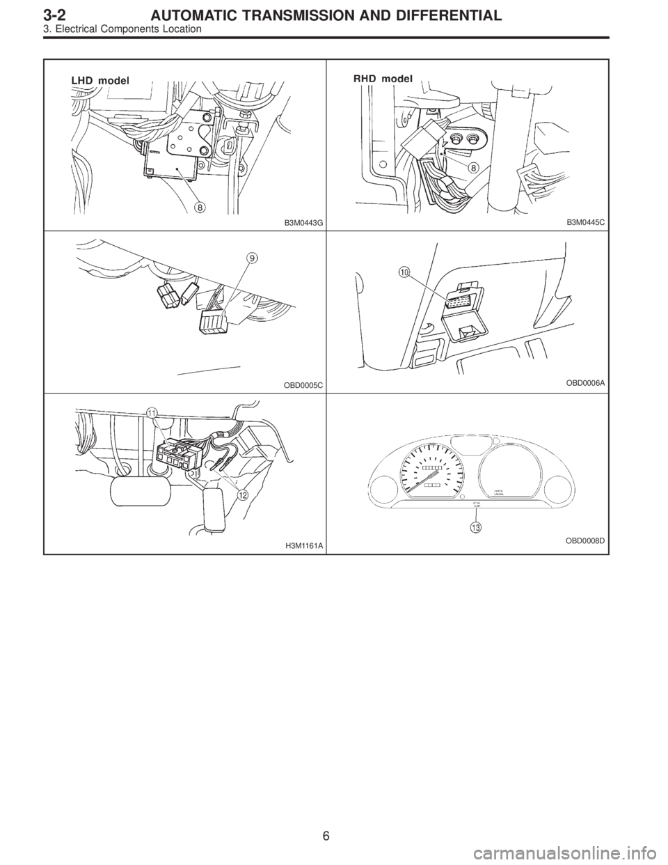 SUBARU LEGACY 1997  Service Repair Manual B3M0443GB3M0445C
OBD0005COBD0006A
H3M1161AOBD0008D
6
3-2AUTOMATIC TRANSMISSION AND DIFFERENTIAL
3. Electrical Components Location  