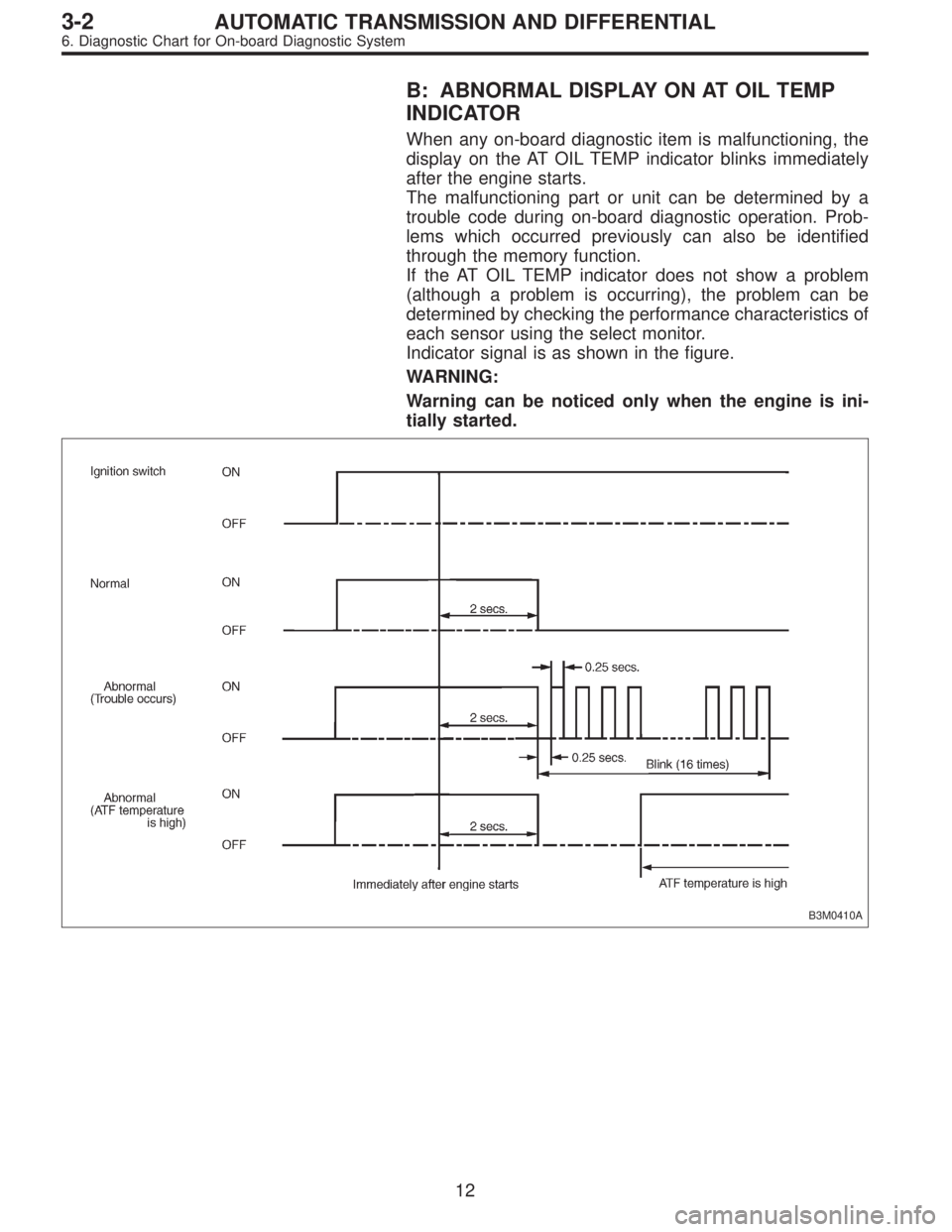 SUBARU LEGACY 1997  Service Repair Manual B: ABNORMAL DISPLAY ON AT OIL TEMP
INDICATOR
When any on-board diagnostic item is malfunctioning, the
display on the AT OIL TEMP indicator blinks immediately
after the engine starts.
The malfunctionin