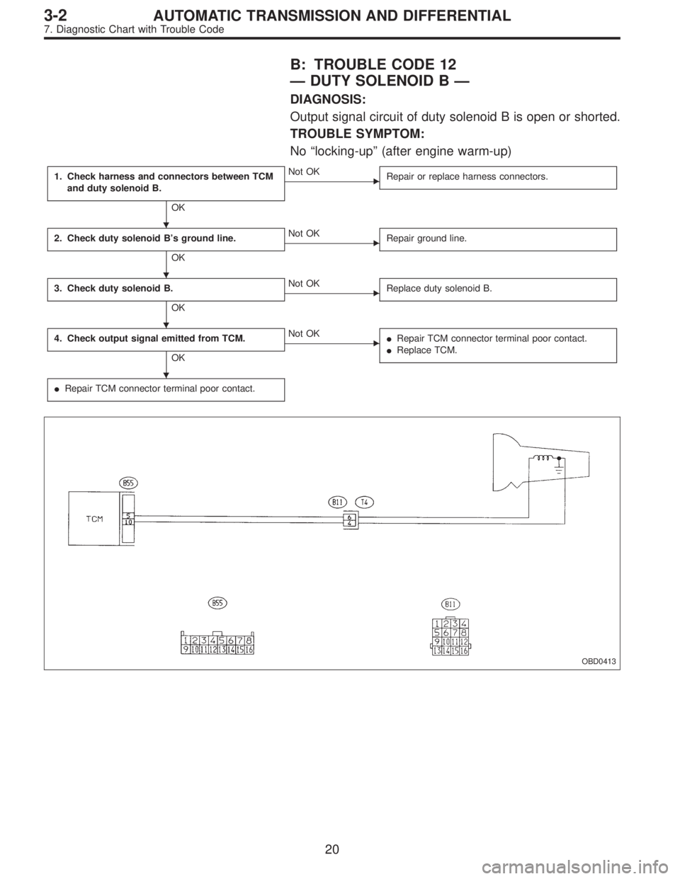 SUBARU LEGACY 1997  Service Repair Manual B: TROUBLE CODE 12
—DUTY SOLENOID B—
DIAGNOSIS:
Output signal circuit of duty solenoid B is open or shorted.
TROUBLE SYMPTOM:
No“locking-up”(after engine warm-up)
1. Check harness and connecto