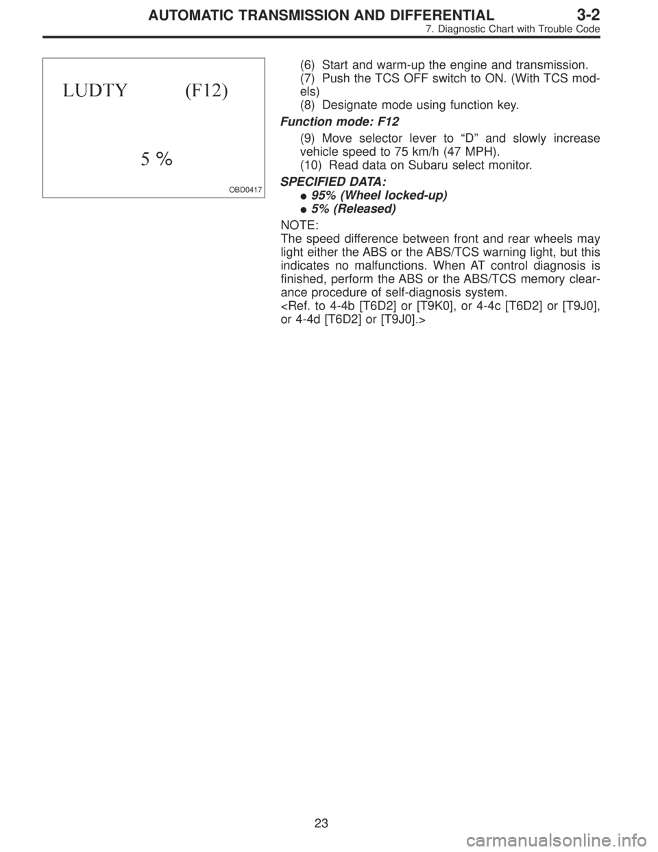SUBARU LEGACY 1997  Service Repair Manual OBD0417
(6) Start and warm-up the engine and transmission.
(7) Push the TCS OFF switch to ON. (With TCS mod-
els)
(8) Designate mode using function key.
Function mode: F12
(9) Move selector lever to