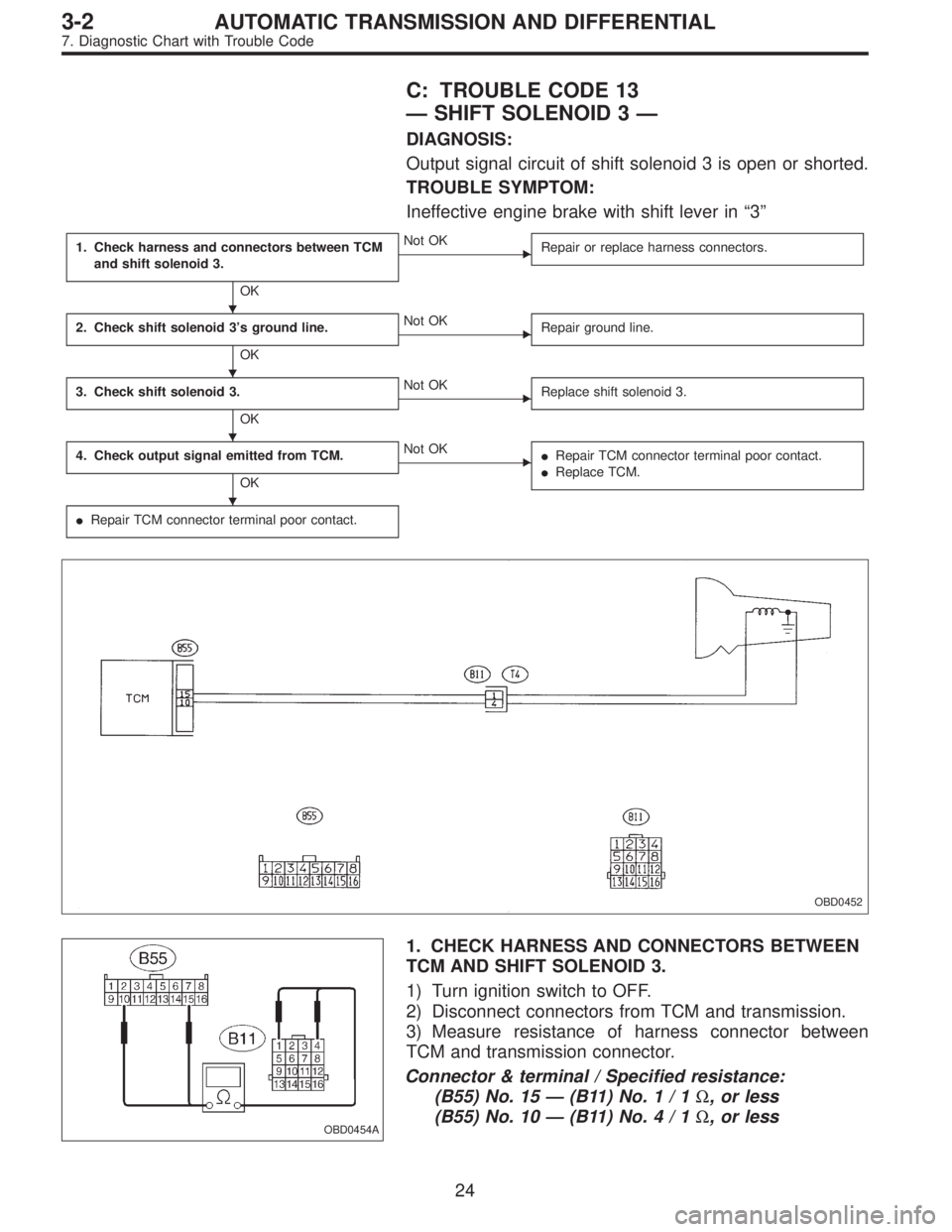SUBARU LEGACY 1997 Service Repair Manual C: TROUBLE CODE 13
—SHIFT SOLENOID 3—
DIAGNOSIS:
Output signal circuit of shift solenoid 3 is open or shorted.
TROUBLE SYMPTOM:
Ineffective engine brake with shift lever in“3”
1. Check harness SUBARU LEGACY 1997 Service Repair Manual C: TROUBLE CODE 13
—SHIFT SOLENOID 3—
DIAGNOSIS:
Output signal circuit of shift solenoid 3 is open or shorted.
TROUBLE SYMPTOM:
Ineffective engine brake with shift lever in“3”
1. Check harness