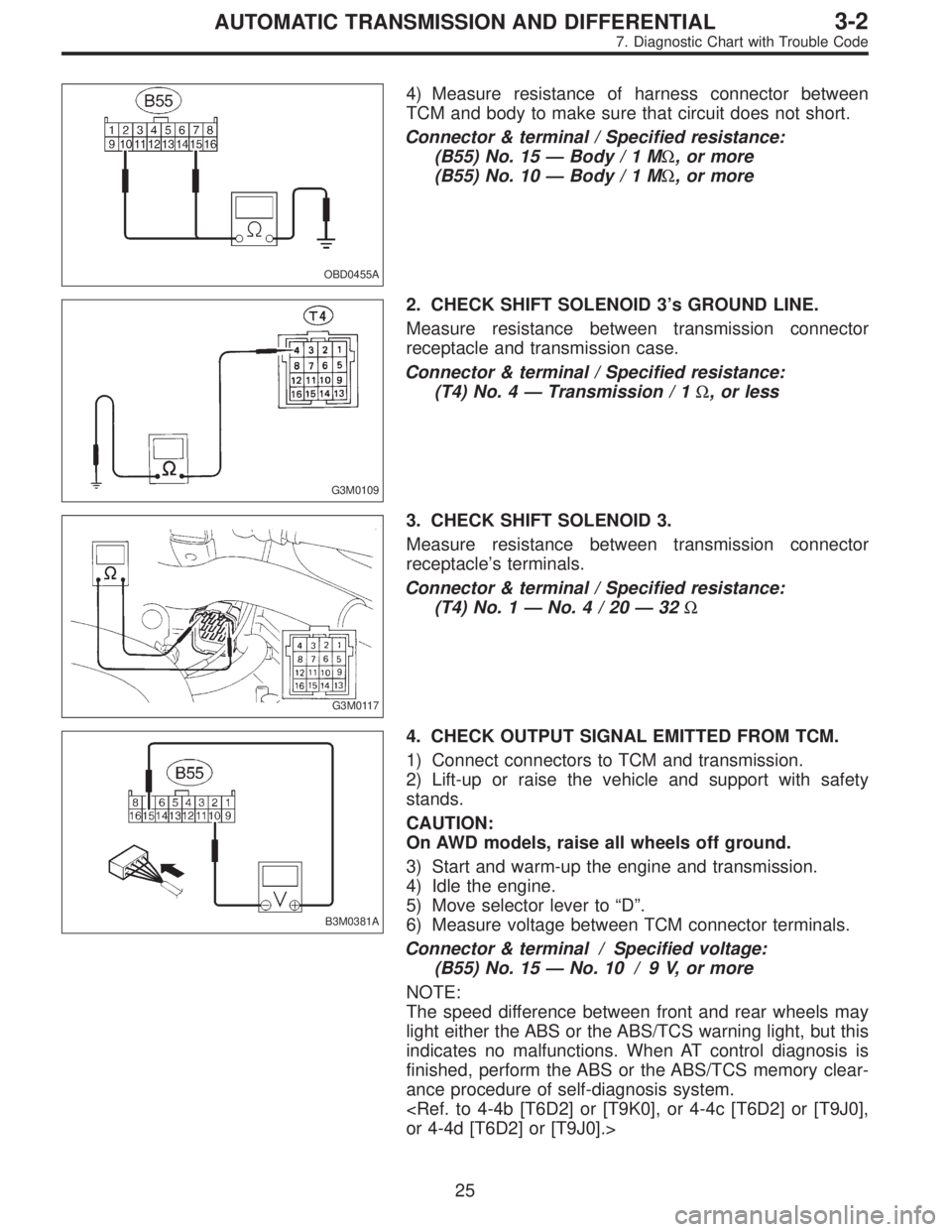 SUBARU LEGACY 1997 Service Repair Manual OBD0455A
4) Measure resistance of harness connector between
TCM and body to make sure that circuit does not short.
Connector & terminal / Specified resistance:
(B55) No. 15—Body/1MΩ, or more
(B55) SUBARU LEGACY 1997 Service Repair Manual OBD0455A
4) Measure resistance of harness connector between
TCM and body to make sure that circuit does not short.
Connector & terminal / Specified resistance:
(B55) No. 15—Body/1MΩ, or more
(B55)