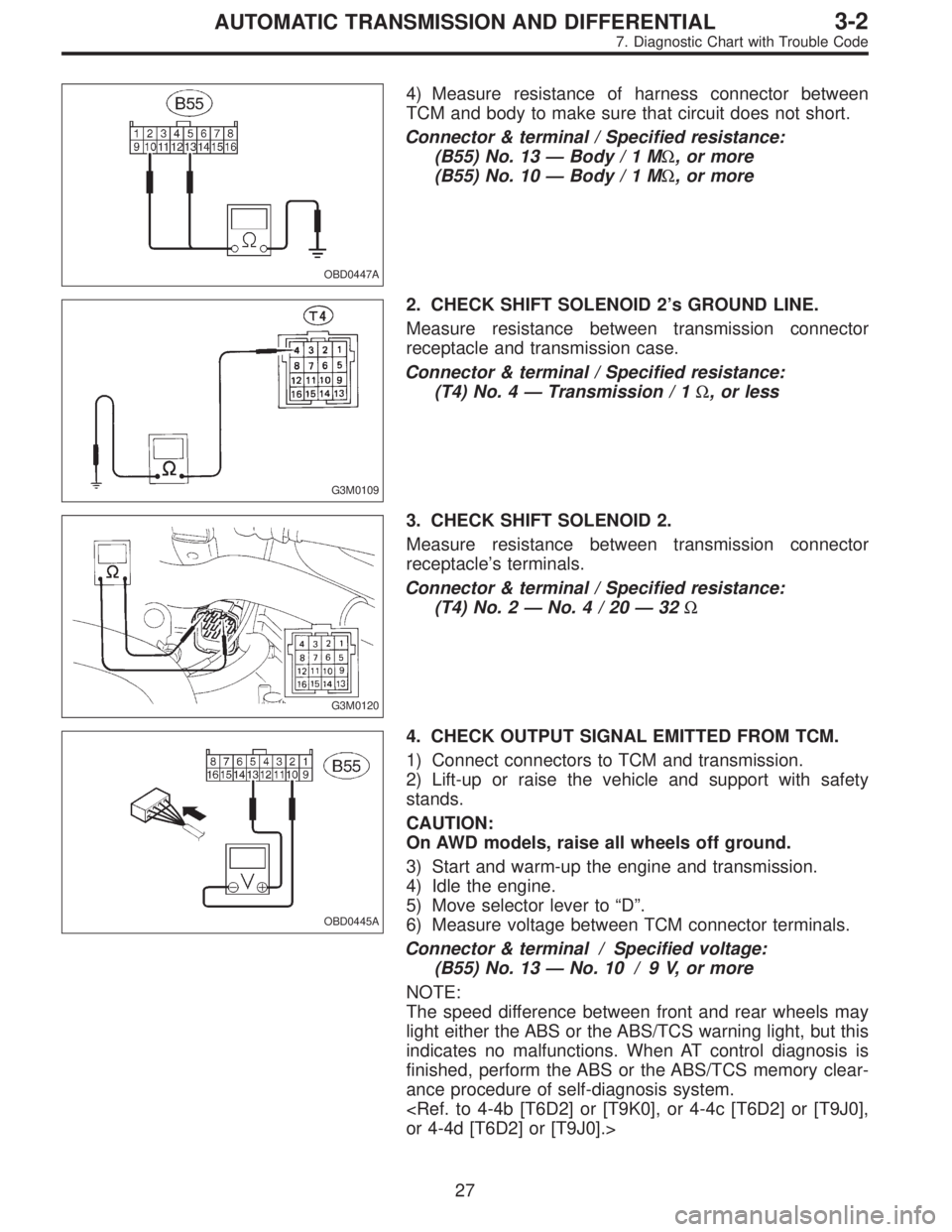 SUBARU LEGACY 1997 Service Repair Manual OBD0447A
4) Measure resistance of harness connector between
TCM and body to make sure that circuit does not short.
Connector & terminal / Specified resistance:
(B55) No. 13—Body/1MΩ, or more
(B55) SUBARU LEGACY 1997 Service Repair Manual OBD0447A
4) Measure resistance of harness connector between
TCM and body to make sure that circuit does not short.
Connector & terminal / Specified resistance:
(B55) No. 13—Body/1MΩ, or more
(B55)