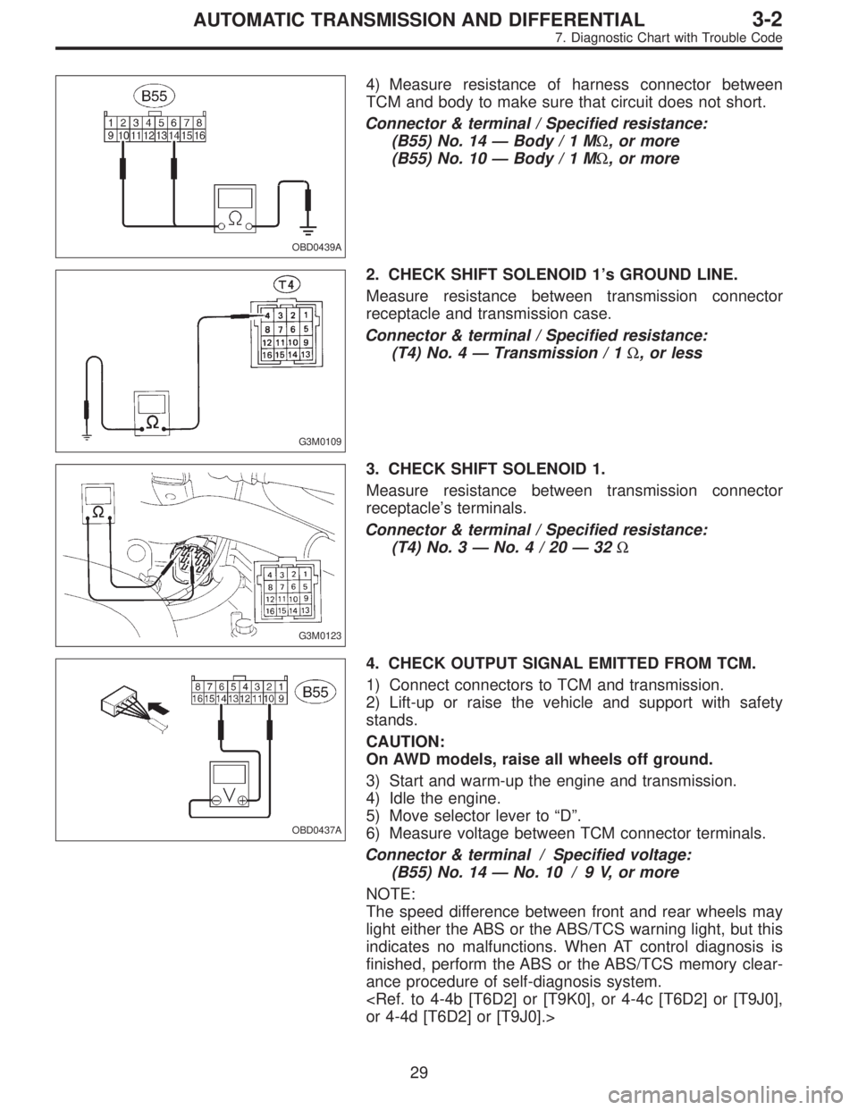 SUBARU LEGACY 1997 Service Repair Manual OBD0439A
4) Measure resistance of harness connector between
TCM and body to make sure that circuit does not short.
Connector & terminal / Specified resistance:
(B55) No. 14—Body/1MΩ, or more
(B55) SUBARU LEGACY 1997 Service Repair Manual OBD0439A
4) Measure resistance of harness connector between
TCM and body to make sure that circuit does not short.
Connector & terminal / Specified resistance:
(B55) No. 14—Body/1MΩ, or more
(B55)