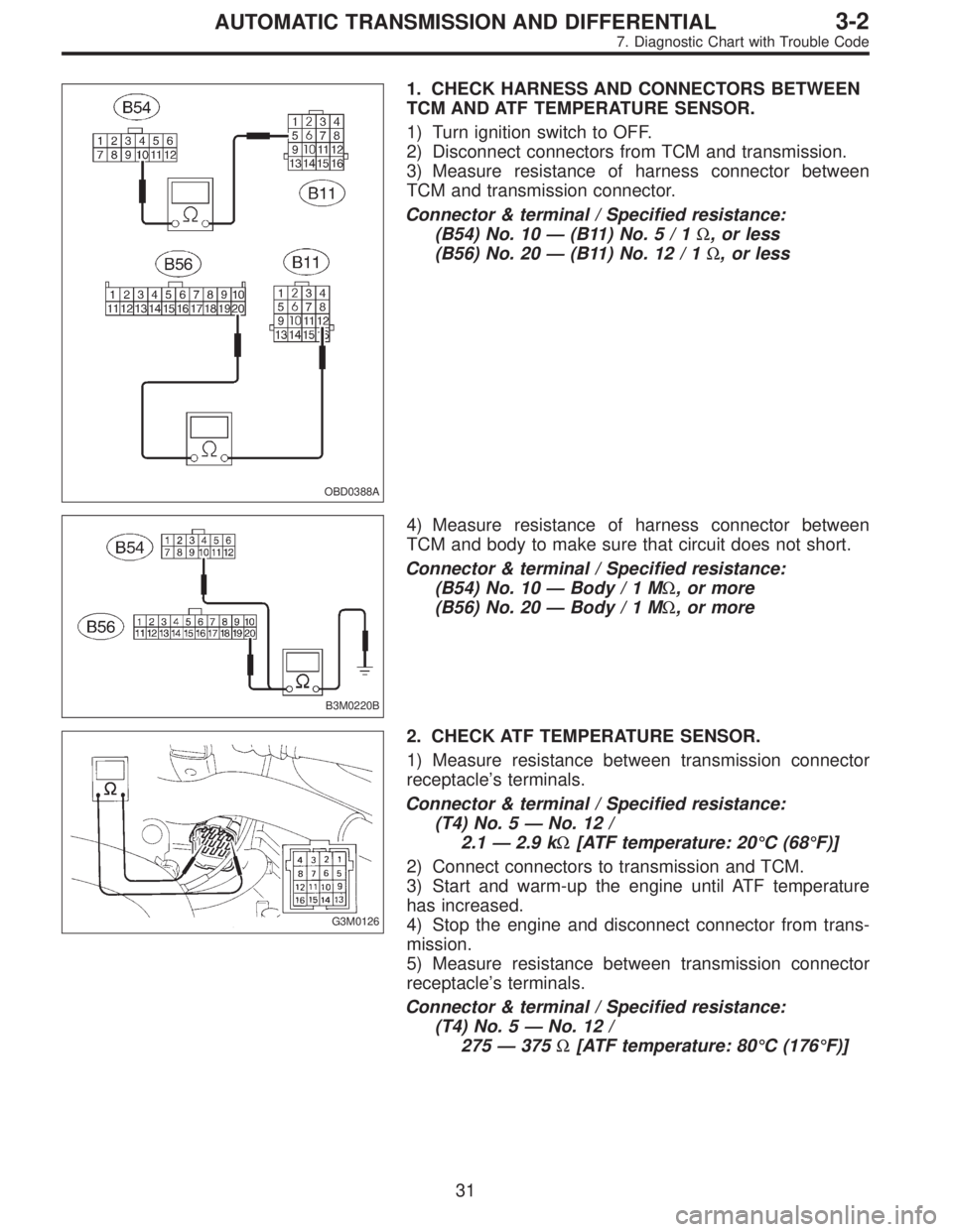SUBARU LEGACY 1997 Service Repair Manual OBD0388A
1. CHECK HARNESS AND CONNECTORS BETWEEN
TCM AND ATF TEMPERATURE SENSOR.
1) Turn ignition switch to OFF.
2) Disconnect connectors from TCM and transmission.
3) Measure resistance of harness co SUBARU LEGACY 1997 Service Repair Manual OBD0388A
1. CHECK HARNESS AND CONNECTORS BETWEEN
TCM AND ATF TEMPERATURE SENSOR.
1) Turn ignition switch to OFF.
2) Disconnect connectors from TCM and transmission.
3) Measure resistance of harness co