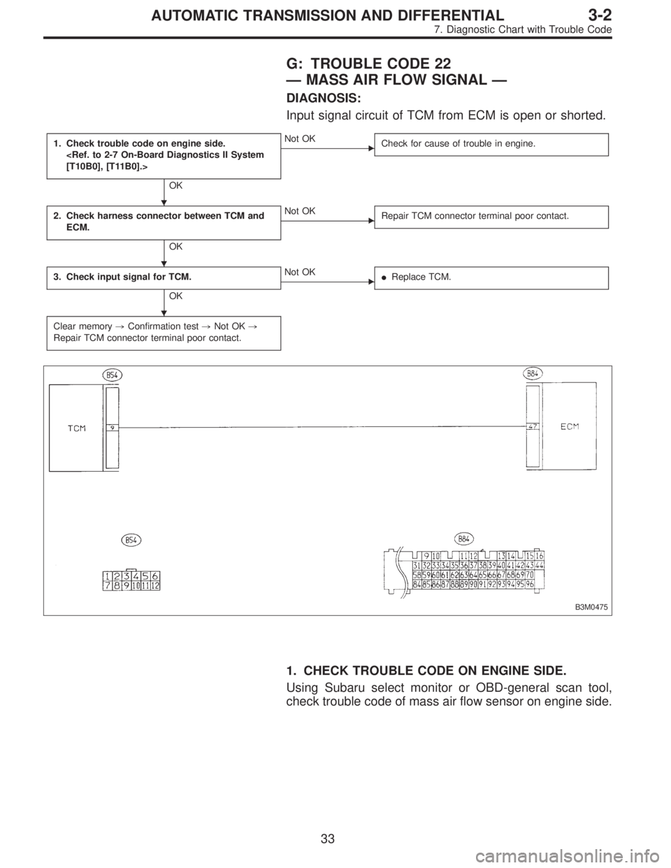 SUBARU LEGACY 1997  Service Repair Manual G: TROUBLE CODE 22
—MASS AIR FLOW SIGNAL—
DIAGNOSIS:
Input signal circuit of TCM from ECM is open or shorted.
1. Check trouble code on engine side.
<Ref. to 2-7 On-Board Diagnostics II System
[T10
