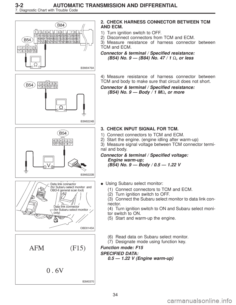 SUBARU LEGACY 1997  Service Repair Manual B3M0476A
2. CHECK HARNESS CONNECTOR BETWEEN TCM
AND ECM.
1) Turn ignition switch to OFF.
2) Disconnect connectors from TCM and ECM.
3) Measure resistance of harness connector between
TCM and ECM.
Conn