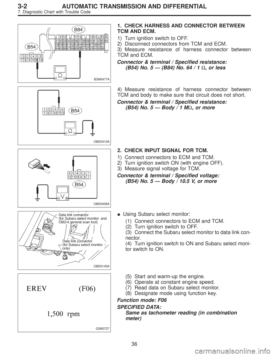 SUBARU LEGACY 1997  Service Repair Manual B3M0477A
1. CHECK HARNESS AND CONNECTOR BETWEEN
TCM AND ECM.
1) Turn ignition switch to OFF.
2) Disconnect connectors from TCM and ECM.
3) Measure resistance of harness connector between
TCM and ECM.
