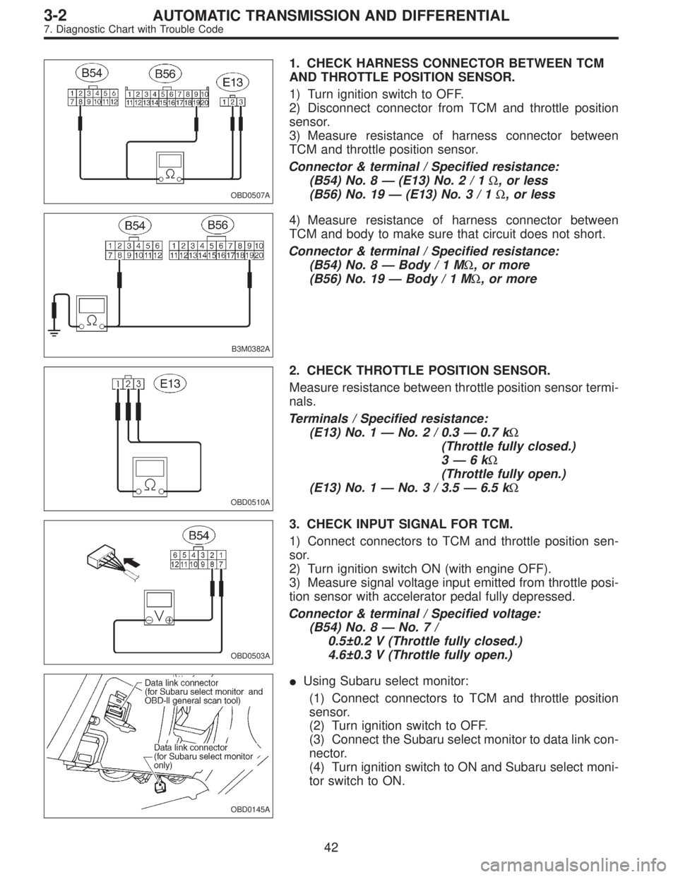 SUBARU LEGACY 1997  Service Repair Manual OBD0507A
1. CHECK HARNESS CONNECTOR BETWEEN TCM
AND THROTTLE POSITION SENSOR.
1) Turn ignition switch to OFF.
2) Disconnect connector from TCM and throttle position
sensor.
3) Measure resistance of ha