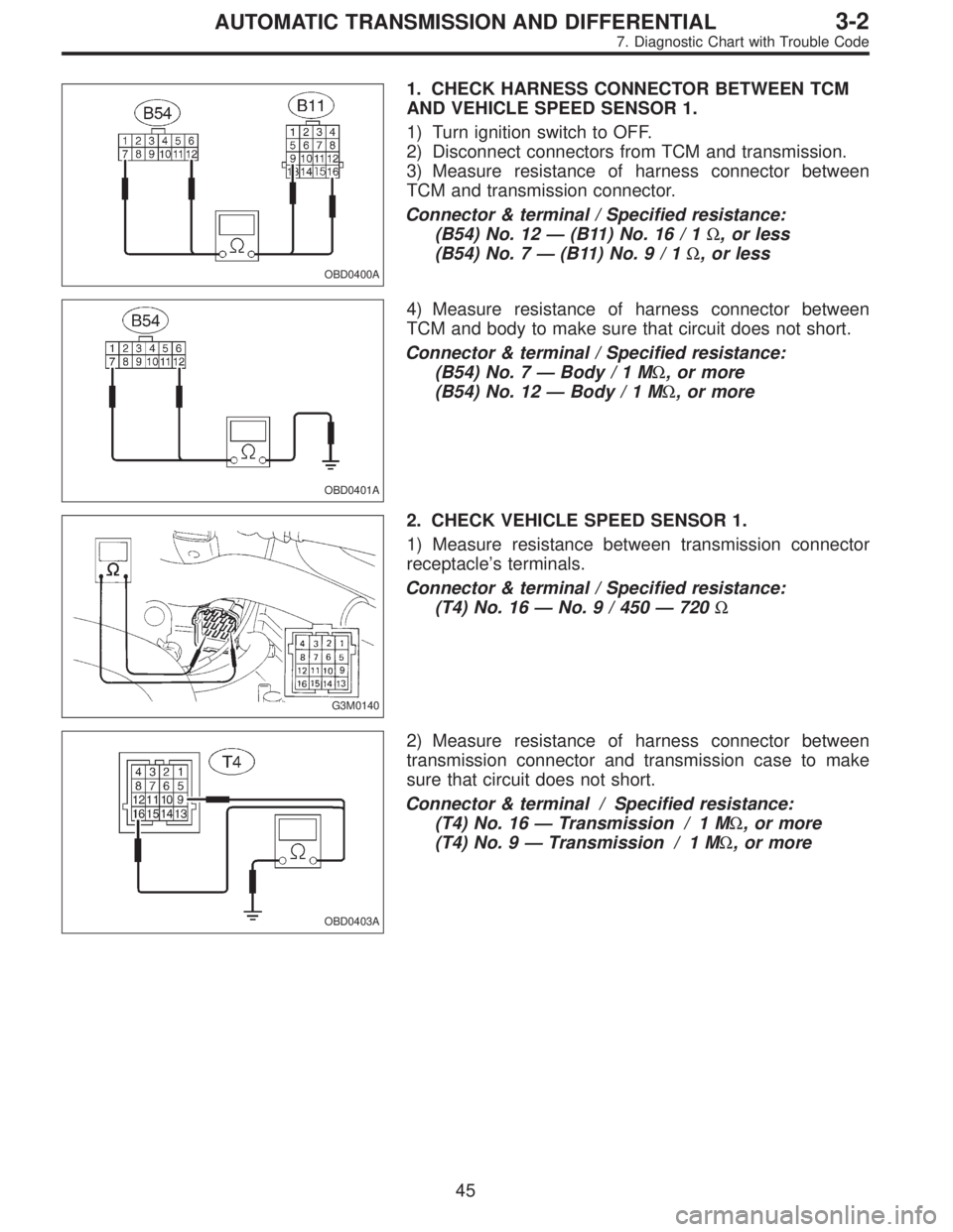 SUBARU LEGACY 1997  Service Repair Manual OBD0400A
1. CHECK HARNESS CONNECTOR BETWEEN TCM
AND VEHICLE SPEED SENSOR 1.
1) Turn ignition switch to OFF.
2) Disconnect connectors from TCM and transmission.
3) Measure resistance of harness connect