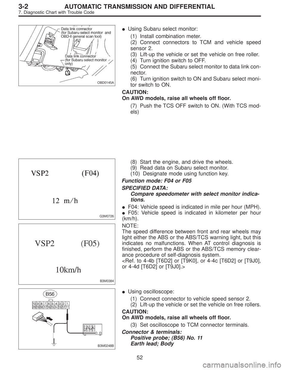 SUBARU LEGACY 1997  Service Repair Manual OBD0145A
Using Subaru select monitor:
(1) Install combination meter.
(2) Connect connectors to TCM and vehicle speed
sensor 2.
(3) Lift-up the vehicle or set the vehicle on free roller.
(4) Turn igni
