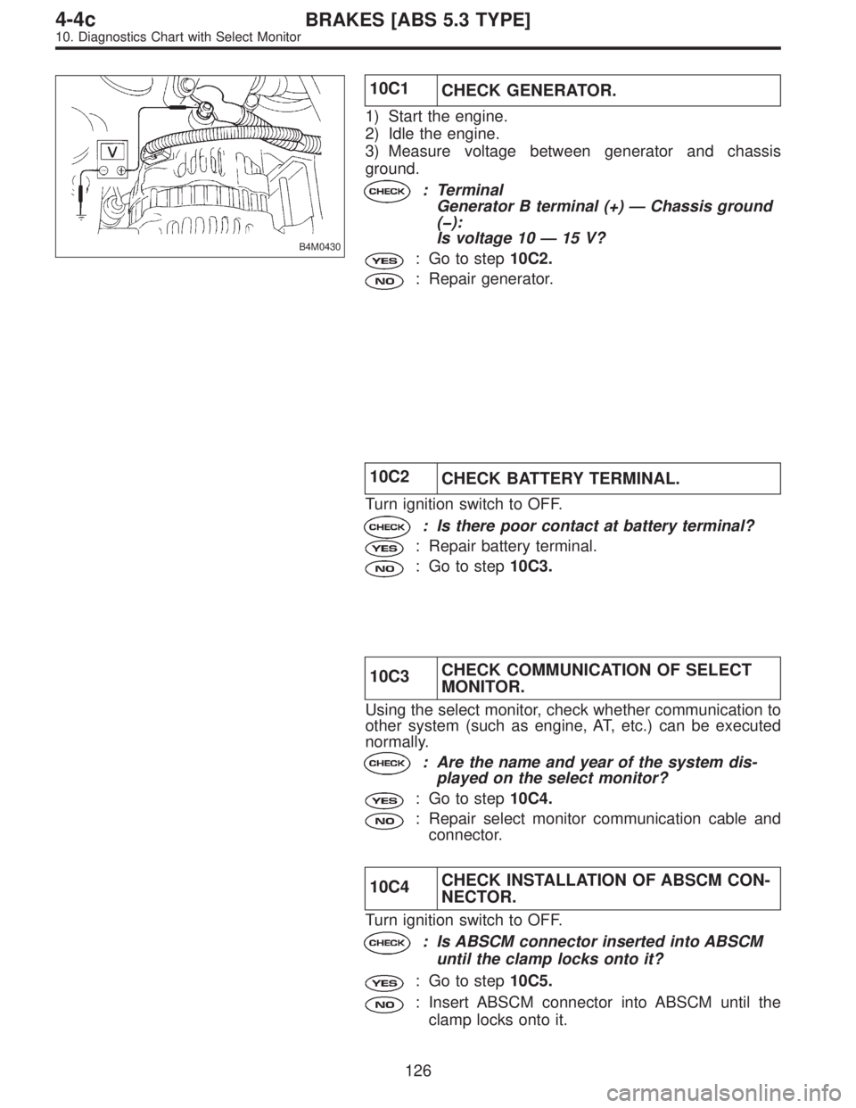 SUBARU LEGACY 1997  Service Repair Manual B4M0430
10C1
CHECK GENERATOR.
1) Start the engine.
2) Idle the engine.
3) Measure voltage between generator and chassis
ground.
: Terminal
Generator B terminal (+)—Chassis ground
(�):
Is voltage 10