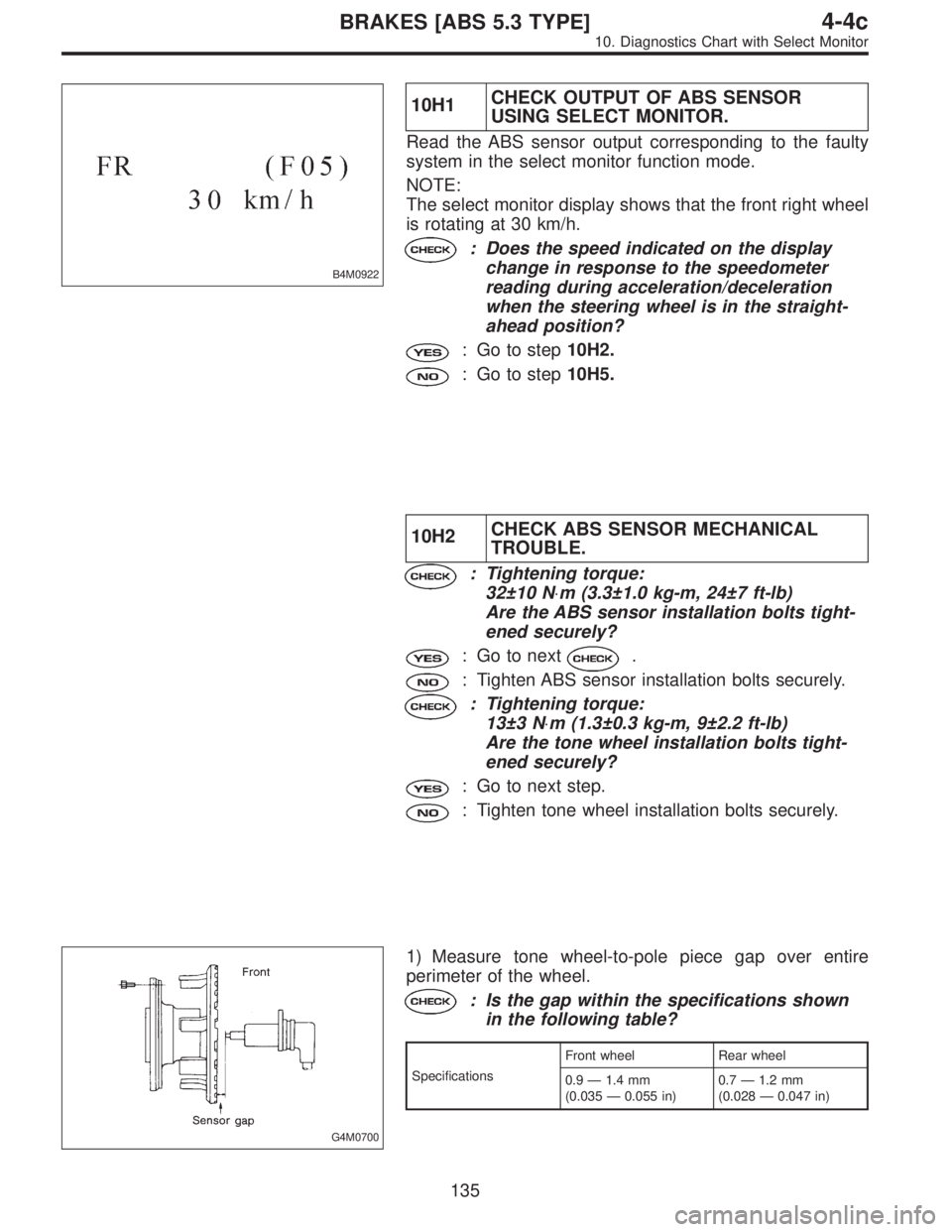 SUBARU LEGACY 1997  Service Repair Manual B4M0922
10H1CHECK OUTPUT OF ABS SENSOR
USING SELECT MONITOR.
Read the ABS sensor output corresponding to the faulty
system in the select monitor function mode.
NOTE:
The select monitor display shows t