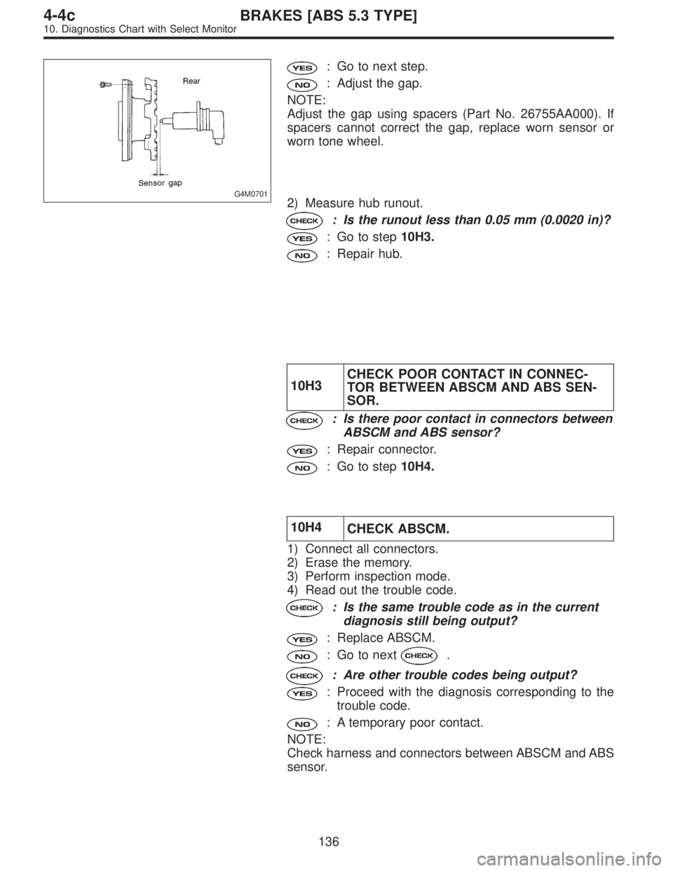 SUBARU LEGACY 1997  Service Repair Manual G4M0701
: Go to next step.
: Adjust the gap.
NOTE:
Adjust the gap using spacers (Part No. 26755AA000). If
spacers cannot correct the gap, replace worn sensor or
worn tone wheel.
2) Measure hub runout.