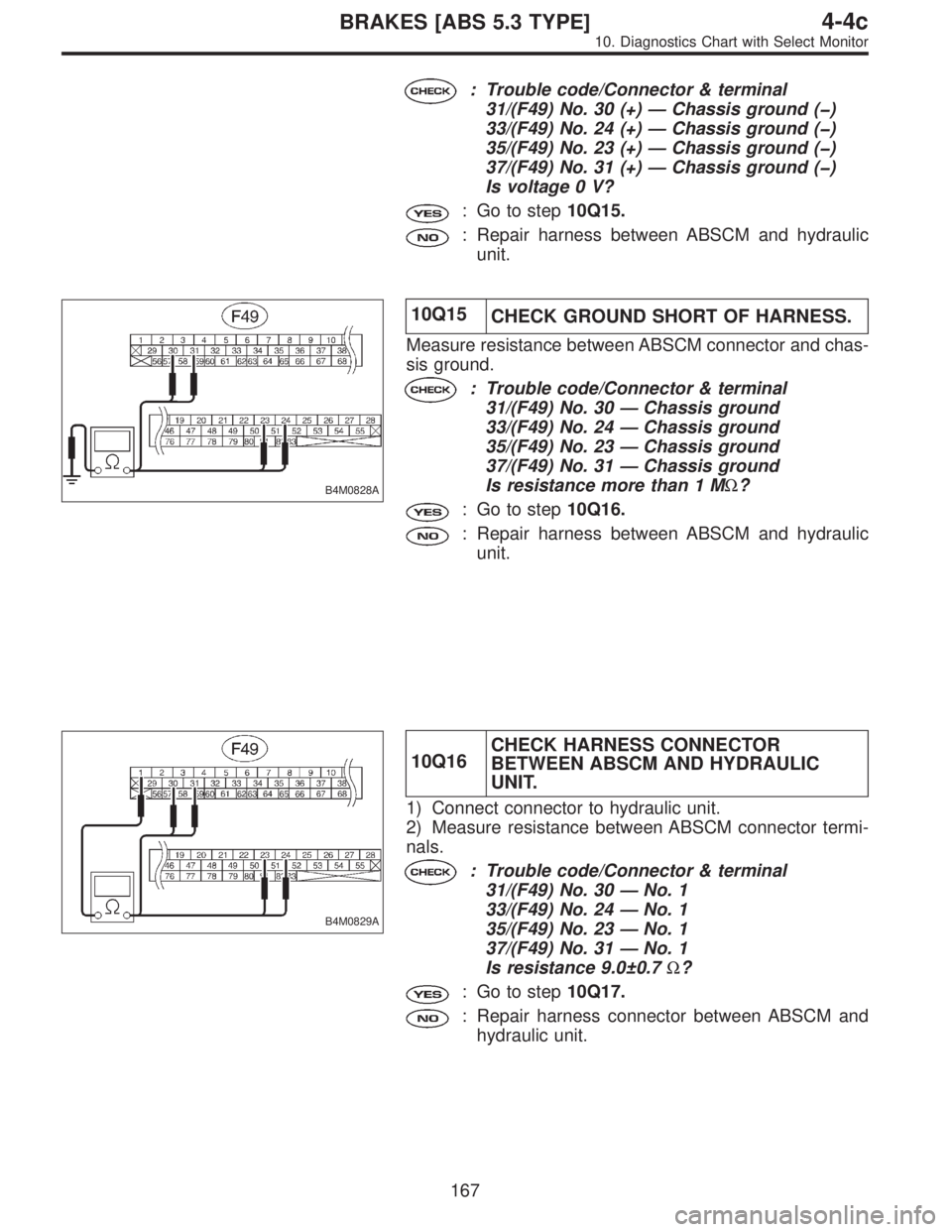 SUBARU LEGACY 1997  Service Repair Manual : Trouble code/Connector & terminal
31/(F49) No. 30 (+)—Chassis ground (�)
33/(F49) No. 24 (+)—Chassis ground (�)
35/(F49) No. 23 (+)—Chassis ground (�)
37/(F49) No. 31 (+)—Chassis ground (�)
