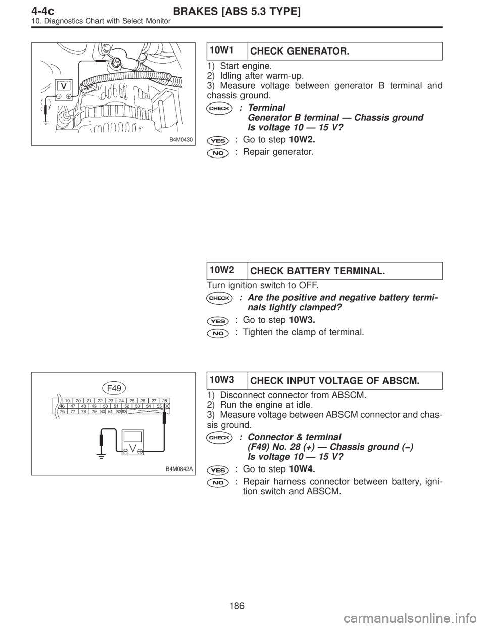 SUBARU LEGACY 1997  Service Repair Manual B4M0430
10W1
CHECK GENERATOR.
1) Start engine.
2) Idling after warm-up.
3) Measure voltage between generator B terminal and
chassis ground.
: Terminal
Generator B terminal—Chassis ground
Is voltage 