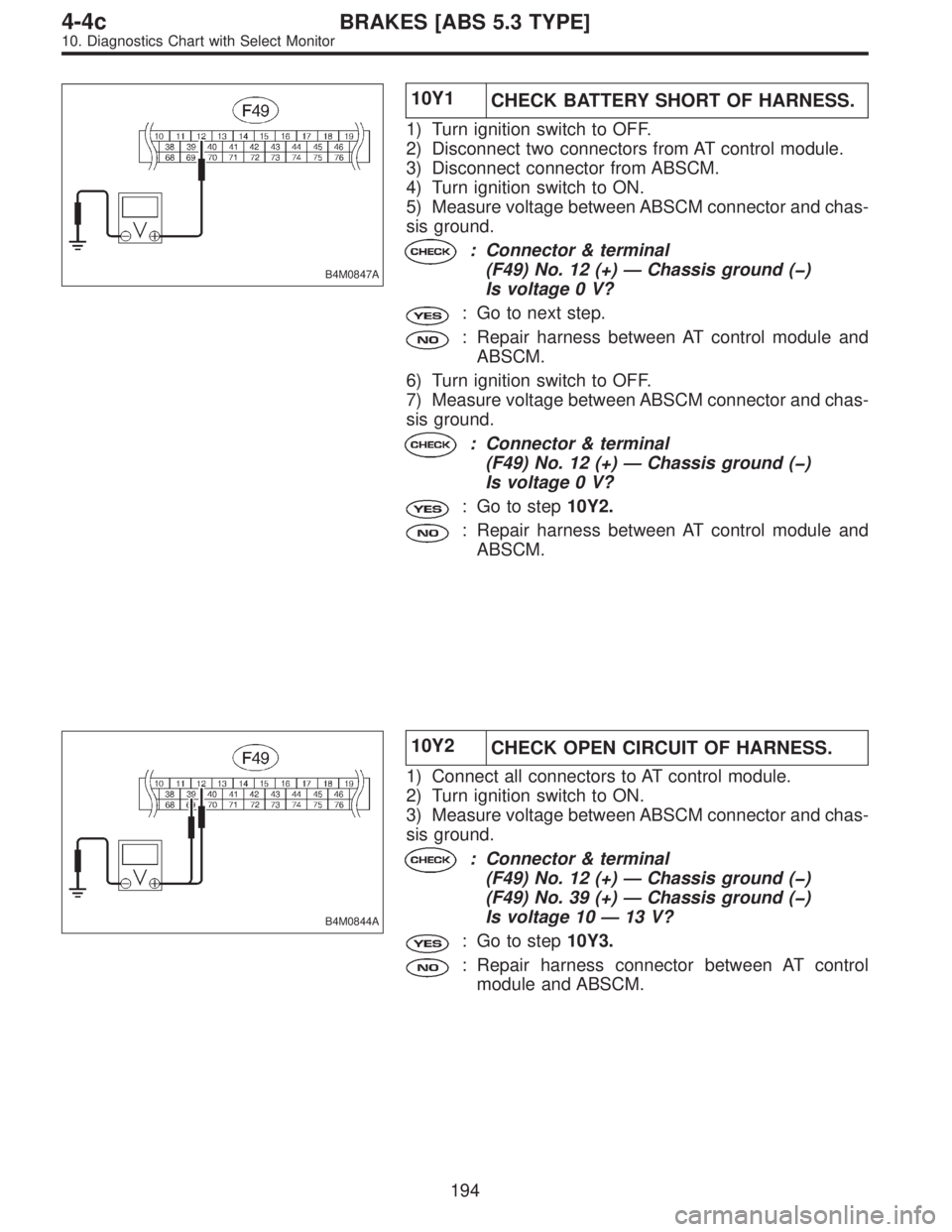 SUBARU LEGACY 1997  Service Repair Manual B4M0847A
10Y1
CHECK BATTERY SHORT OF HARNESS.
1) Turn ignition switch to OFF.
2) Disconnect two connectors from AT control module.
3) Disconnect connector from ABSCM.
4) Turn ignition switch to ON.
5)