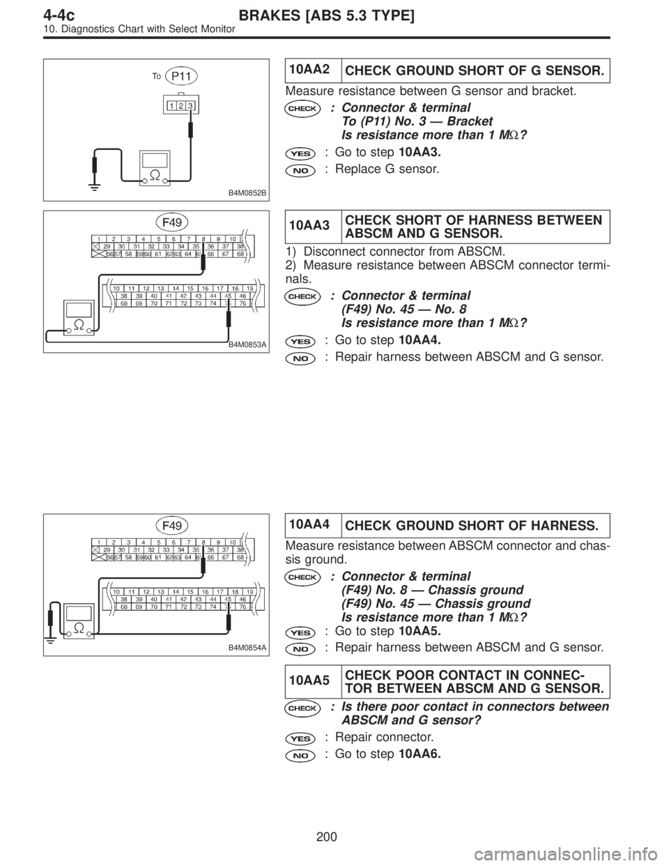 SUBARU LEGACY 1997  Service Repair Manual B4M0852B
10AA2
CHECK GROUND SHORT OF G SENSOR.
Measure resistance between G sensor and bracket.
: Connector & terminal
To (P11) No. 3—Bracket
Is resistance more than 1 MΩ?
: Go to step10AA3.
: Rep