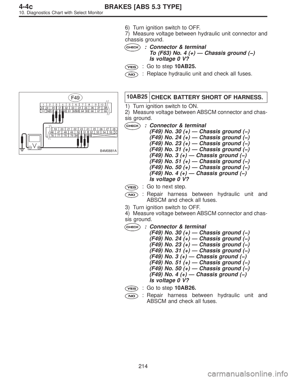 SUBARU LEGACY 1997  Service Repair Manual 6) Turn ignition switch to OFF.
7) Measure voltage between hydraulic unit connector and
chassis ground.
: Connector & terminal
To (F63) No. 4 (+)—Chassis ground (�)
Is voltage 0 V?
: Go to step10AB2