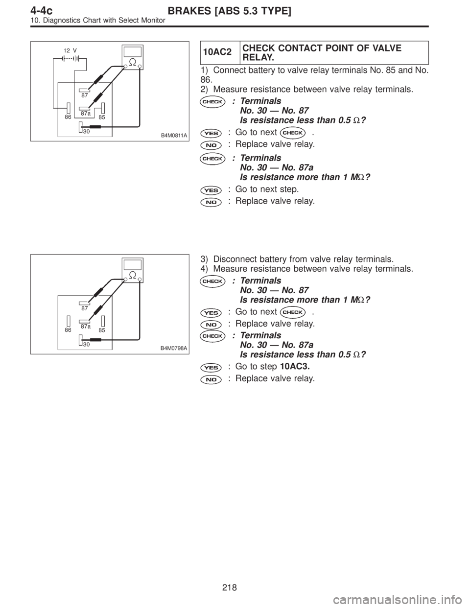 SUBARU LEGACY 1997  Service Repair Manual B4M0811A
10AC2CHECK CONTACT POINT OF VALVE
RELAY.
1) Connect battery to valve relay terminals No. 85 and No.
86.
2) Measure resistance between valve relay terminals.
: Terminals
No. 30—No. 87
Is res