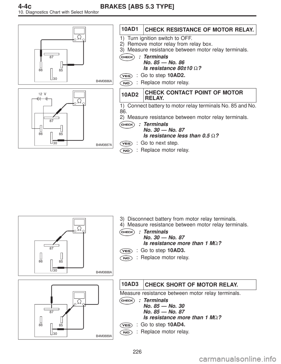 SUBARU LEGACY 1997  Service Repair Manual B4M0886A
10AD1
CHECK RESISTANCE OF MOTOR RELAY.
1) Turn ignition switch to OFF.
2) Remove motor relay from relay box.
3) Measure resistance between motor relay terminals.
: Terminals
No. 85—No. 86
I