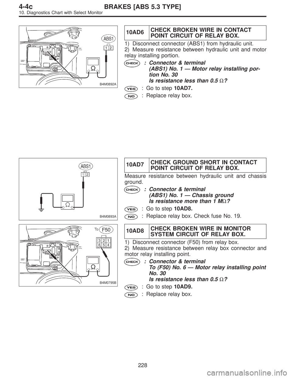 SUBARU LEGACY 1997 Service Repair Manual B4M0892A
10AD6CHECK BROKEN WIRE IN CONTACT
POINT CIRCUIT OF RELAY BOX.
1) Disconnect connector (ABS1) from hydraulic unit.
2) Measure resistance between hydraulic unit and motor
relay installing porti SUBARU LEGACY 1997 Service Repair Manual B4M0892A
10AD6CHECK BROKEN WIRE IN CONTACT
POINT CIRCUIT OF RELAY BOX.
1) Disconnect connector (ABS1) from hydraulic unit.
2) Measure resistance between hydraulic unit and motor
relay installing porti
