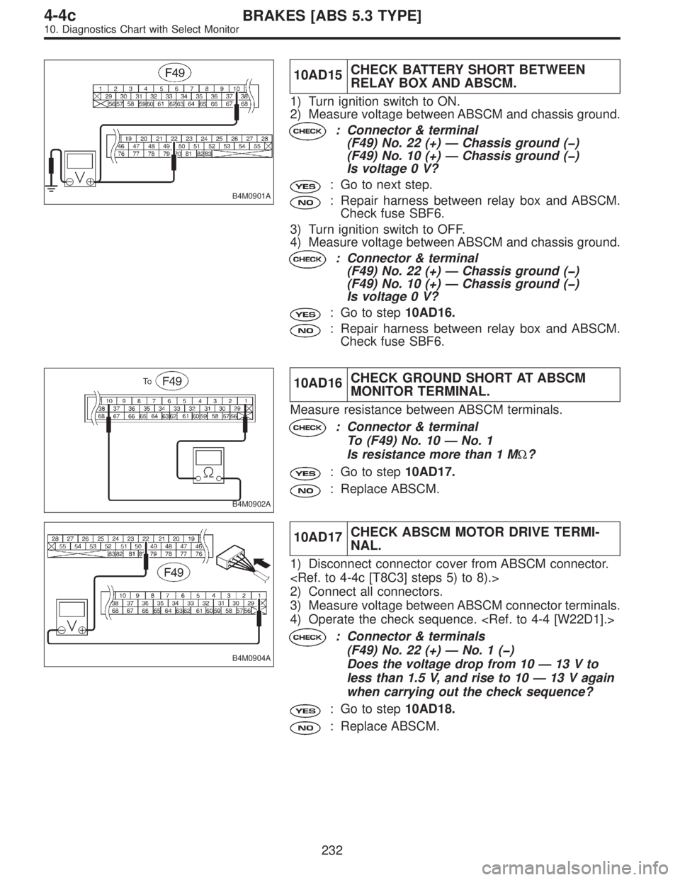 SUBARU LEGACY 1997 Service Repair Manual B4M0901A
10AD15CHECK BATTERY SHORT BETWEEN
RELAY BOX AND ABSCM.
1) Turn ignition switch to ON.
2) Measure voltage between ABSCM and chassis ground.
: Connector & terminal
(F49) No. 22 (+)—Chassis gr SUBARU LEGACY 1997 Service Repair Manual B4M0901A
10AD15CHECK BATTERY SHORT BETWEEN
RELAY BOX AND ABSCM.
1) Turn ignition switch to ON.
2) Measure voltage between ABSCM and chassis ground.
: Connector & terminal
(F49) No. 22 (+)—Chassis gr