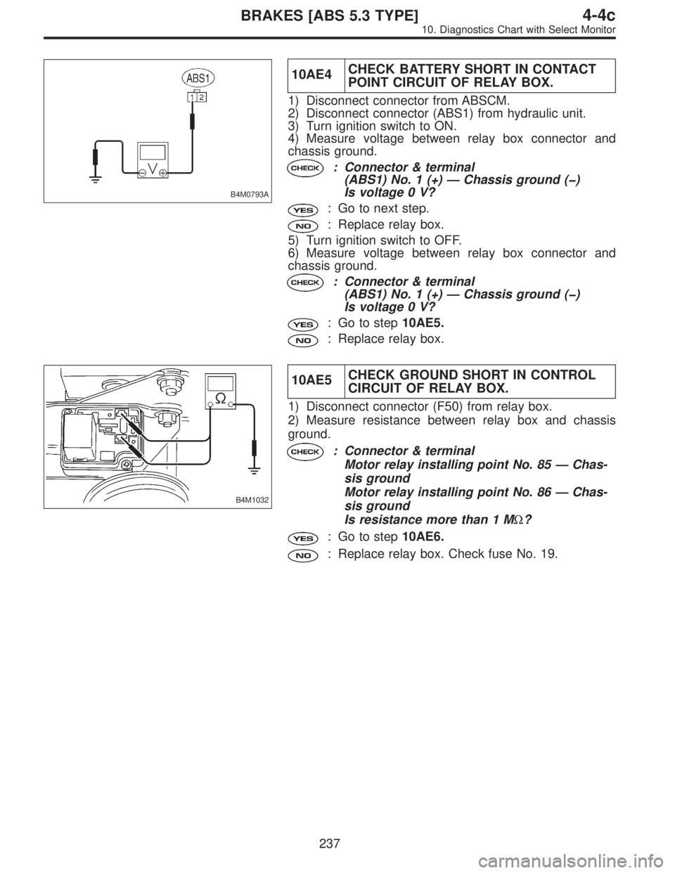 SUBARU LEGACY 1997 Service Repair Manual B4M0793A
10AE4CHECK BATTERY SHORT IN CONTACT
POINT CIRCUIT OF RELAY BOX.
1) Disconnect connector from ABSCM.
2) Disconnect connector (ABS1) from hydraulic unit.
3) Turn ignition switch to ON.
4) Measu SUBARU LEGACY 1997 Service Repair Manual B4M0793A
10AE4CHECK BATTERY SHORT IN CONTACT
POINT CIRCUIT OF RELAY BOX.
1) Disconnect connector from ABSCM.
2) Disconnect connector (ABS1) from hydraulic unit.
3) Turn ignition switch to ON.
4) Measu