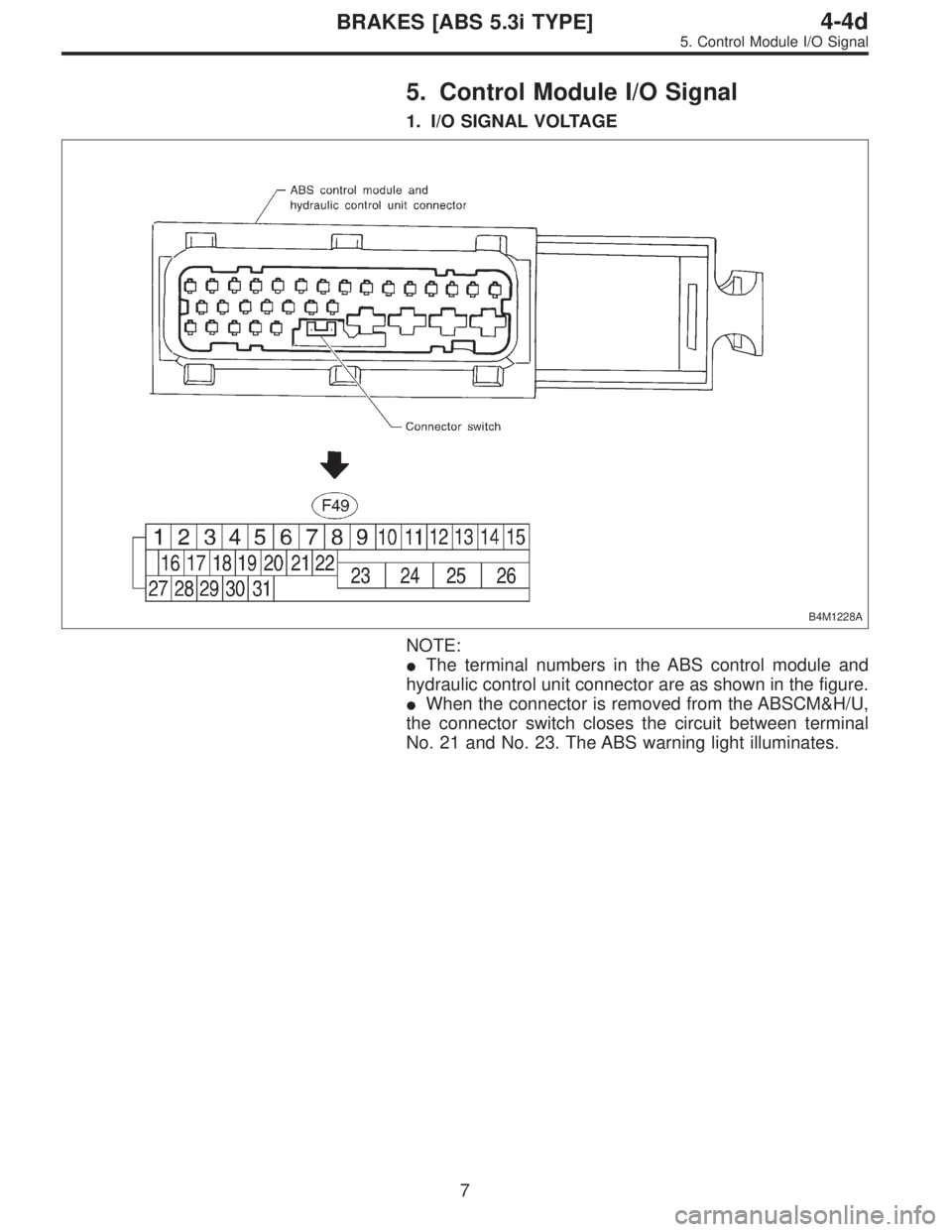 SUBARU LEGACY 1997  Service Repair Manual 5. Control Module I/O Signal
1. I/O SIGNAL VOLTAGE
B4M1228A
NOTE:
The terminal numbers in the ABS control module and
hydraulic control unit connector are as shown in the figure.
When the connector i