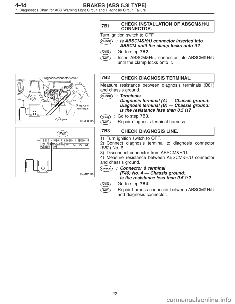 SUBARU LEGACY 1997 Service Repair Manual 7B1CHECK INSTALLATION OF ABSCM&H/U
CONNECTOR.
Turn ignition switch to OFF.
: Is ABSCM&H/U connector inserted into
ABSCM until the clamp locks onto it?
: Go to step7B2.
: Insert ABSCM&H/U connector int SUBARU LEGACY 1997 Service Repair Manual 7B1CHECK INSTALLATION OF ABSCM&H/U
CONNECTOR.
Turn ignition switch to OFF.
: Is ABSCM&H/U connector inserted into
ABSCM until the clamp locks onto it?
: Go to step7B2.
: Insert ABSCM&H/U connector int