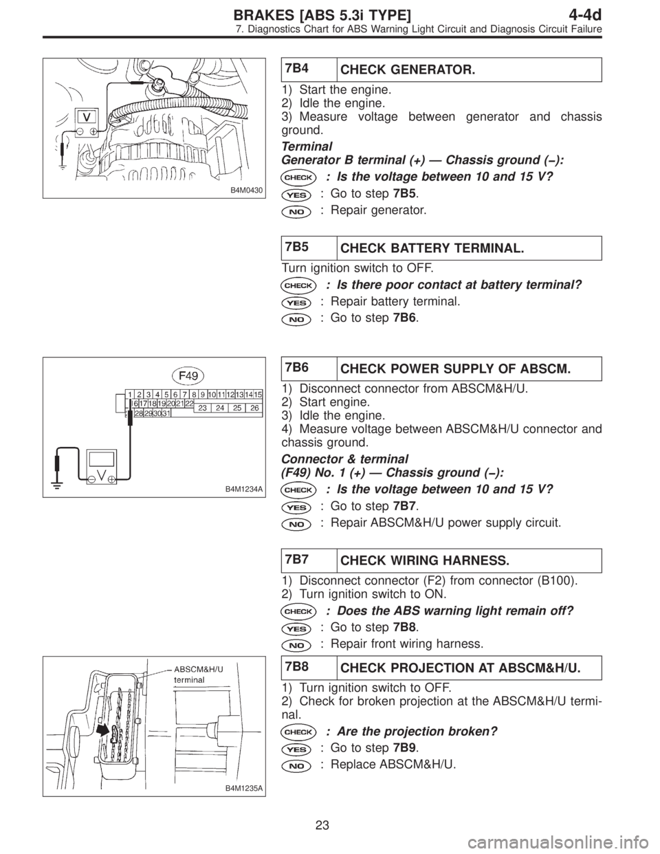 SUBARU LEGACY 1997  Service Repair Manual B4M0430
7B4
CHECK GENERATOR.
1) Start the engine.
2) Idle the engine.
3) Measure voltage between generator and chassis
ground.
Terminal
Generator B terminal (+)—Chassis ground (�):
: Is the voltage 
