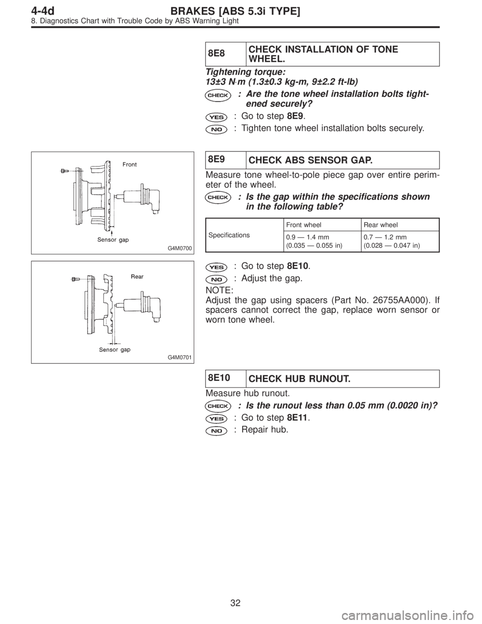 SUBARU LEGACY 1997  Service Repair Manual 8E8CHECK INSTALLATION OF TONE
WHEEL.
Tightening torque:
13±3 N⋅m (1.3±0.3 kg-m, 9±2.2 ft-lb)
: Are the tone wheel installation bolts tight-
ened securely?
: Go to step8E9.
: Tighten tone wheel in
