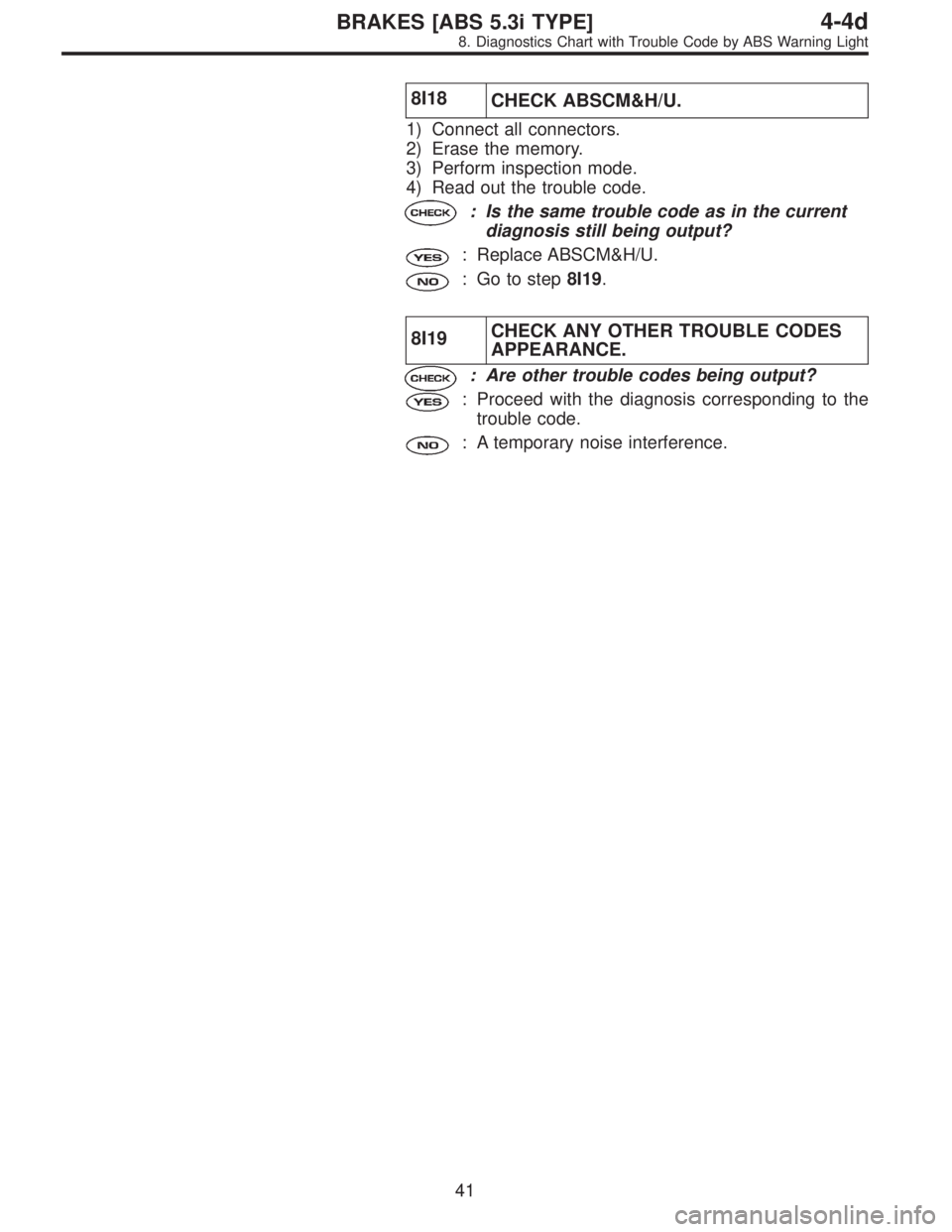 SUBARU LEGACY 1997  Service Repair Manual 8I18
CHECK ABSCM&H/U.
1) Connect all connectors.
2) Erase the memory.
3) Perform inspection mode.
4) Read out the trouble code.
: Is the same trouble code as in the current
diagnosis still being outpu