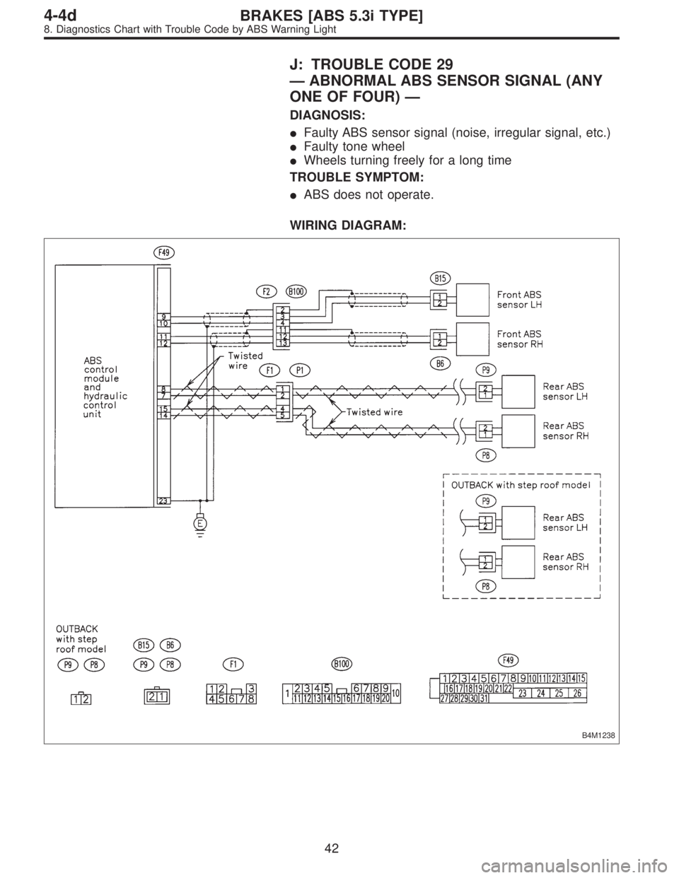 SUBARU LEGACY 1997  Service Repair Manual J: TROUBLE CODE 29
—ABNORMAL ABS SENSOR SIGNAL (ANY
ONE OF FOUR)—
DIAGNOSIS:
Faulty ABS sensor signal (noise, irregular signal, etc.)
Faulty tone wheel
Wheels turning freely for a long time
TRO