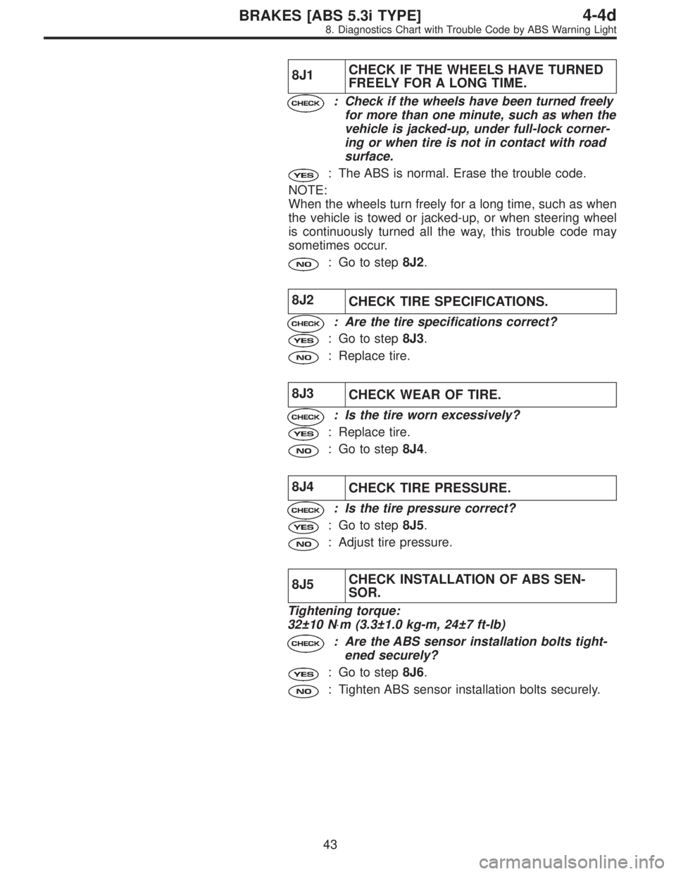 SUBARU LEGACY 1997  Service Repair Manual 8J1CHECK IF THE WHEELS HAVE TURNED
FREELY FOR A LONG TIME.
: Check if the wheels have been turned freely
for more than one minute, such as when the
vehicle is jacked-up, under full-lock corner-
ing or