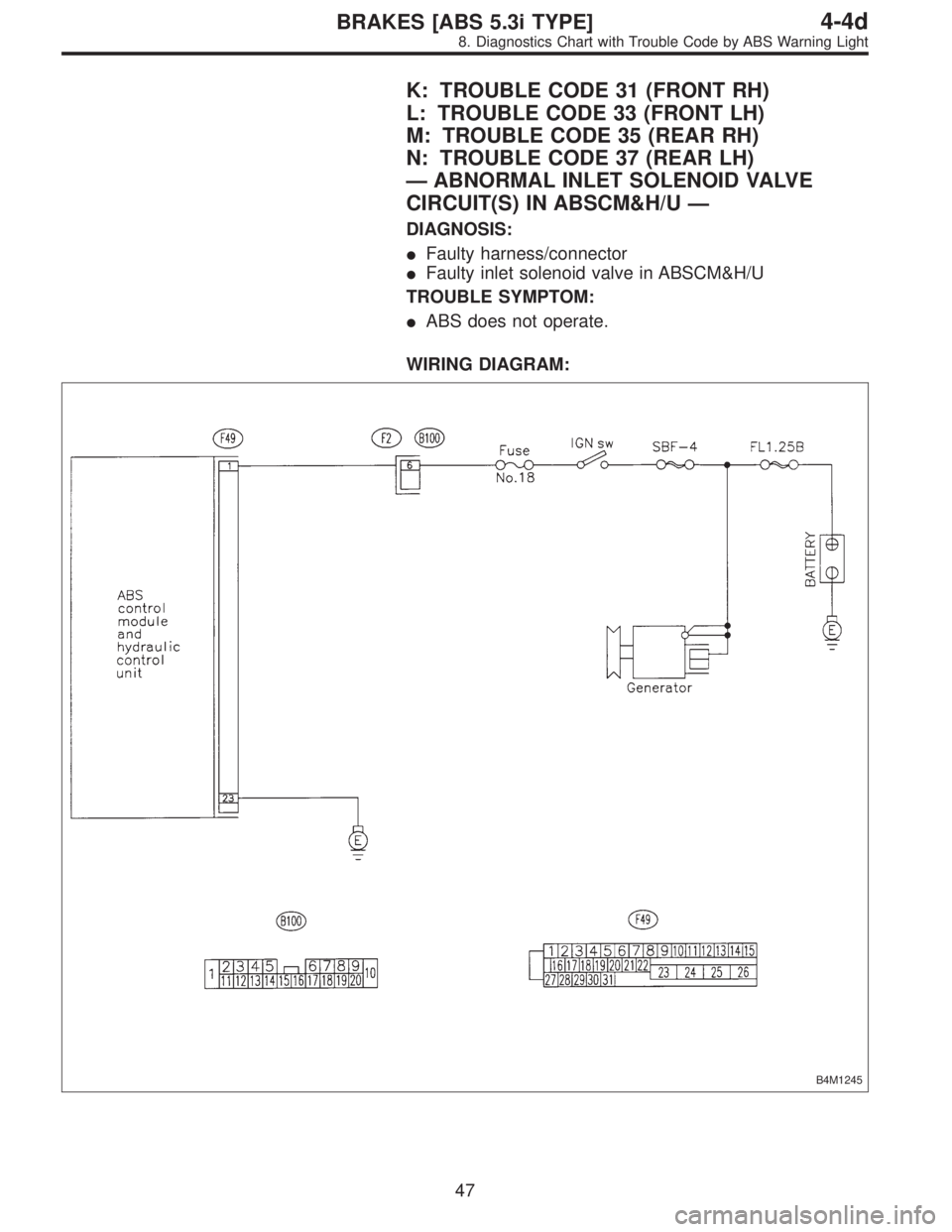 SUBARU LEGACY 1997  Service Repair Manual K: TROUBLE CODE 31 (FRONT RH)
L: TROUBLE CODE 33 (FRONT LH)
M: TROUBLE CODE 35 (REAR RH)
N: TROUBLE CODE 37 (REAR LH)
—ABNORMAL INLET SOLENOID VALVE
CIRCUIT(S) IN ABSCM&H/U—
DIAGNOSIS:
Faulty har