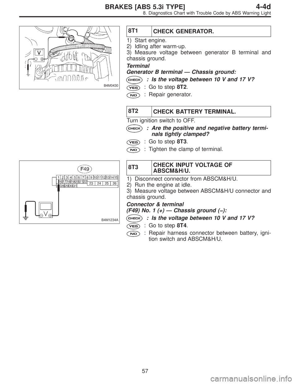 SUBARU LEGACY 1997  Service Repair Manual B4M0430
8T1
CHECK GENERATOR.
1) Start engine.
2) Idling after warm-up.
3) Measure voltage between generator B terminal and
chassis ground.
Terminal
Generator B terminal—Chassis ground:
: Is the volt