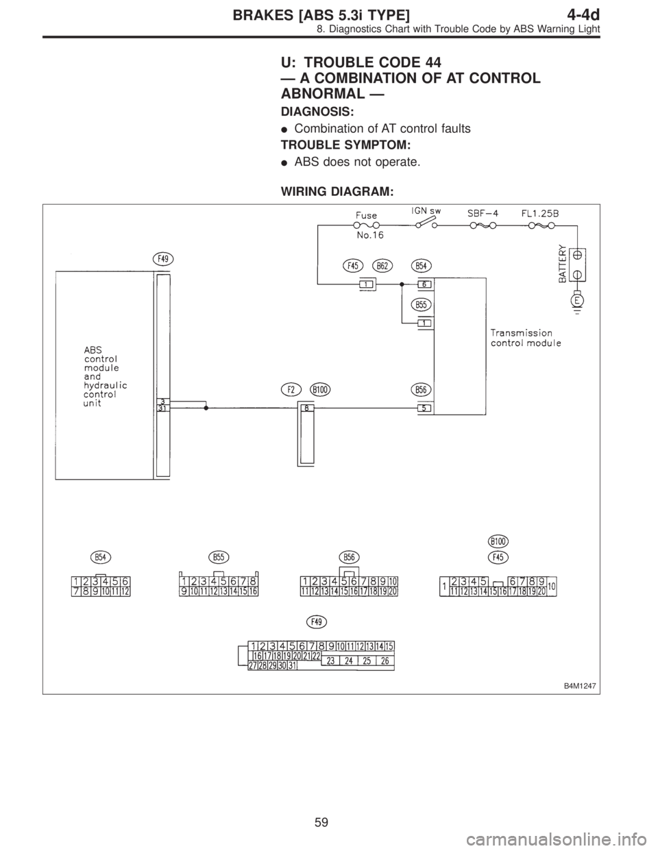 SUBARU LEGACY 1997  Service Repair Manual U: TROUBLE CODE 44
—A COMBINATION OF AT CONTROL
ABNORMAL—
DIAGNOSIS:
Combination of AT control faults
TROUBLE SYMPTOM:
ABS does not operate.
WIRING DIAGRAM:
B4M1247
59
4-4dBRAKES [ABS 5.3i TYPE]