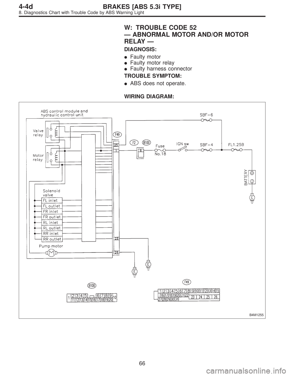 SUBARU LEGACY 1997  Service Repair Manual W: TROUBLE CODE 52
—ABNORMAL MOTOR AND/OR MOTOR
RELAY—
DIAGNOSIS:
Faulty motor
Faulty motor relay
Faulty harness connector
TROUBLE SYMPTOM:
ABS does not operate.
WIRING DIAGRAM:
B4M1255
66
4-4