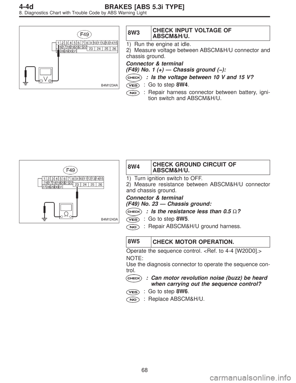 SUBARU LEGACY 1997  Service Repair Manual B4M1234A
8W3CHECK INPUT VOLTAGE OF
ABSCM&H/U.
1) Run the engine at idle.
2) Measure voltage between ABSCM&H/U connector and
chassis ground.
Connector & terminal
(F49) No. 1 (+)—Chassis ground (�):
: