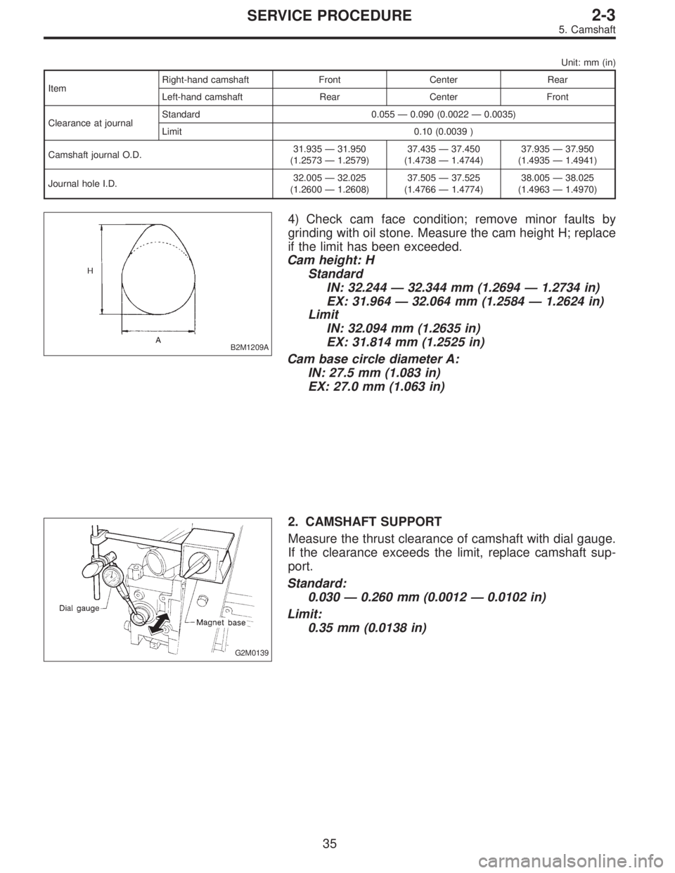 SUBARU LEGACY 1997  Service Repair Manual Unit: mm (in)
ItemRight-hand camshaft Front Center Rear
Left-hand camshaft Rear Center Front
Clearance at journalStandard 0.055—0.090 (0.0022—0.0035)
Limit 0.10 (0.0039 )
Camshaft journal O.D.31.9