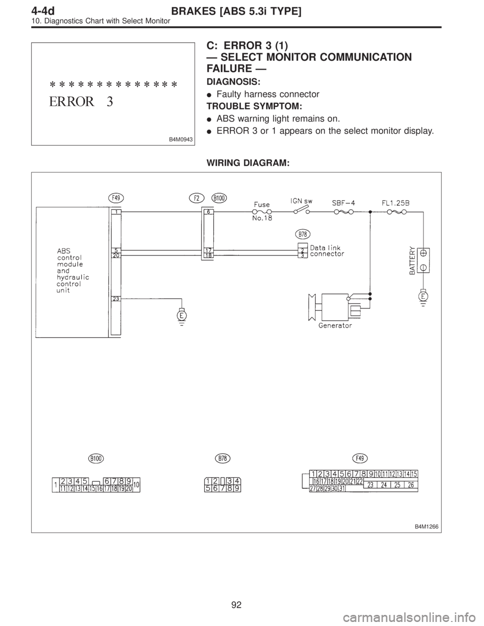 SUBARU LEGACY 1997  Service Repair Manual B4M0943
C: ERROR 3 (1)
—SELECT MONITOR COMMUNICATION
FAILURE—
DIAGNOSIS:
Faulty harness connector
TROUBLE SYMPTOM:
ABS warning light remains on.
ERROR 3 or 1 appears on the select monitor displ