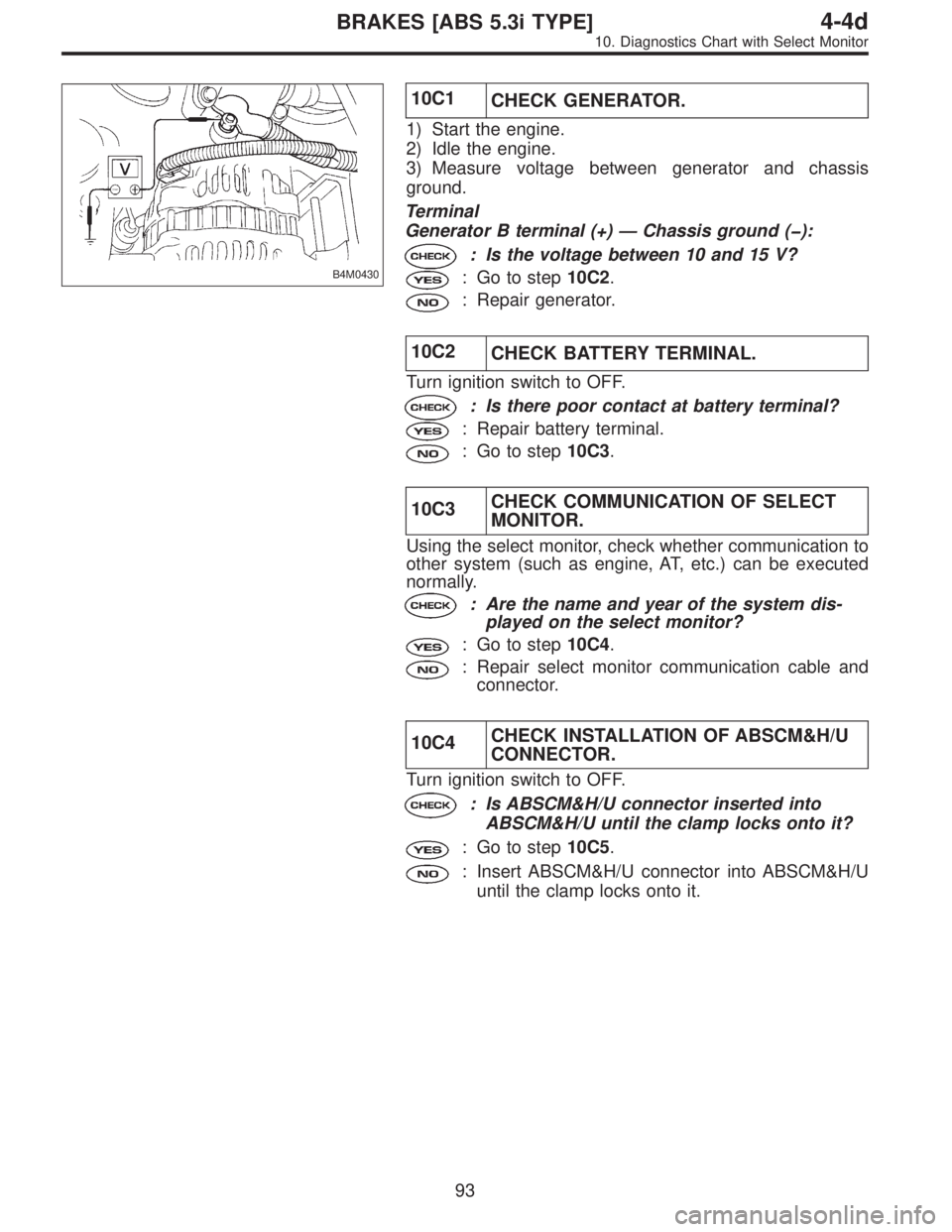 SUBARU LEGACY 1997  Service Repair Manual B4M0430
10C1
CHECK GENERATOR.
1) Start the engine.
2) Idle the engine.
3) Measure voltage between generator and chassis
ground.
Terminal
Generator B terminal (+)—Chassis ground (�):
: Is the voltage