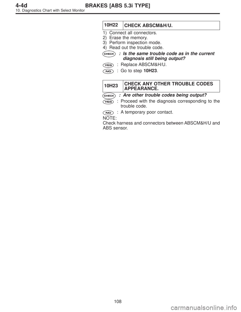 SUBARU LEGACY 1997  Service Repair Manual 10H22
CHECK ABSCM&H/U.
1) Connect all connectors.
2) Erase the memory.
3) Perform inspection mode.
4) Read out the trouble code.
: Is the same trouble code as in the current
diagnosis still being outp
