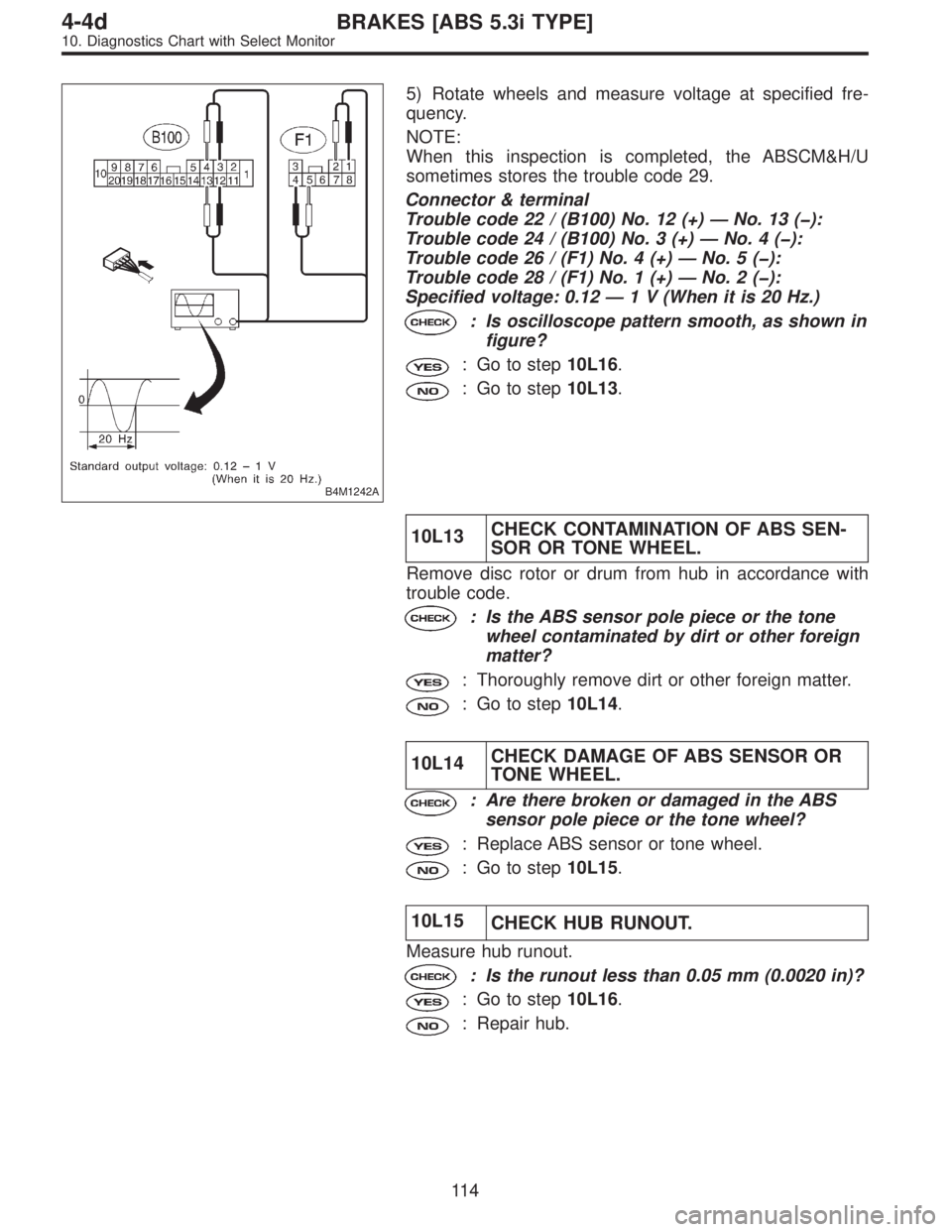 SUBARU LEGACY 1997 Service Repair Manual B4M1242A
5) Rotate wheels and measure voltage at specified fre-
quency.
NOTE:
When this inspection is completed, the ABSCM&H/U
sometimes stores the trouble code 29.
Connector & terminal
Trouble code 2 SUBARU LEGACY 1997 Service Repair Manual B4M1242A
5) Rotate wheels and measure voltage at specified fre-
quency.
NOTE:
When this inspection is completed, the ABSCM&H/U
sometimes stores the trouble code 29.
Connector & terminal
Trouble code 2