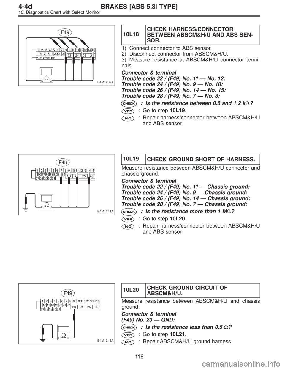 SUBARU LEGACY 1997 Service Repair Manual B4M1239A
10L18CHECK HARNESS/CONNECTOR
BETWEEN ABSCM&H/U AND ABS SEN-
SOR.
1) Connect connector to ABS sensor.
2) Disconnect connector from ABSCM&H/U.
3) Measure resistance at ABSCM&H/U connector termi SUBARU LEGACY 1997 Service Repair Manual B4M1239A
10L18CHECK HARNESS/CONNECTOR
BETWEEN ABSCM&H/U AND ABS SEN-
SOR.
1) Connect connector to ABS sensor.
2) Disconnect connector from ABSCM&H/U.
3) Measure resistance at ABSCM&H/U connector termi