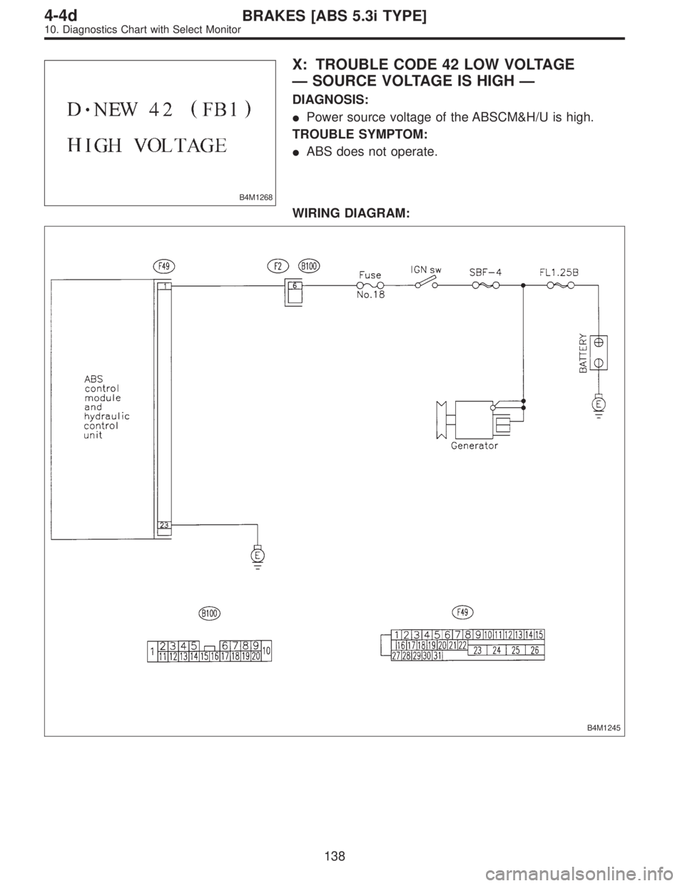 SUBARU LEGACY 1997  Service Repair Manual B4M1268
X: TROUBLE CODE 42 LOW VOLTAGE
—SOURCE VOLTAGE IS HIGH—
DIAGNOSIS:
Power source voltage of the ABSCM&H/U is high.
TROUBLE SYMPTOM:
ABS does not operate.
WIRING DIAGRAM:
B4M1245
138
4-4dB
